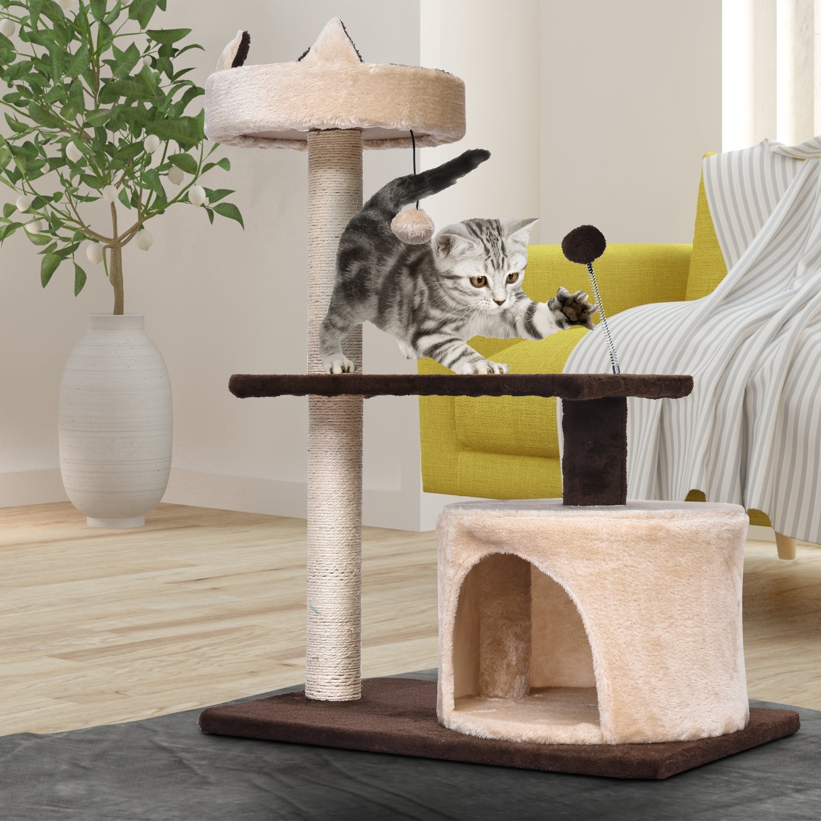 PawHut 81cm/32" Multi-level Cat Tree Scratcher Kitty Activity Center,Condo, Perch, Jumping Platforms,Toys Brown and Beige