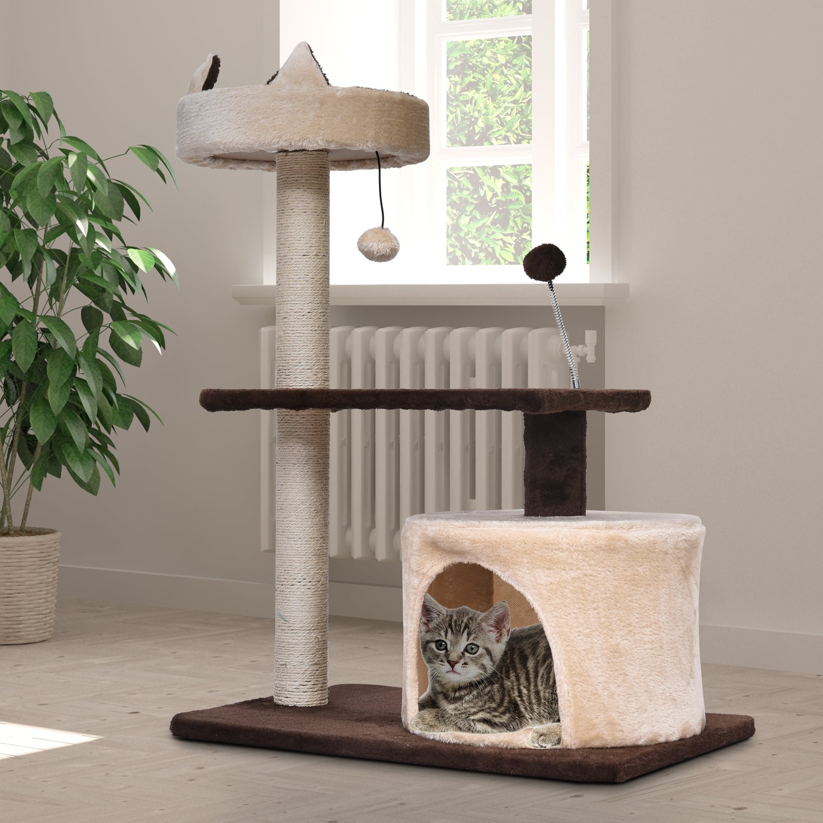 PawHut 81cm/32" Multi-level Cat Tree Scratcher Kitty Activity Center,Condo, Perch, Jumping Platforms,Toys Brown and Beige