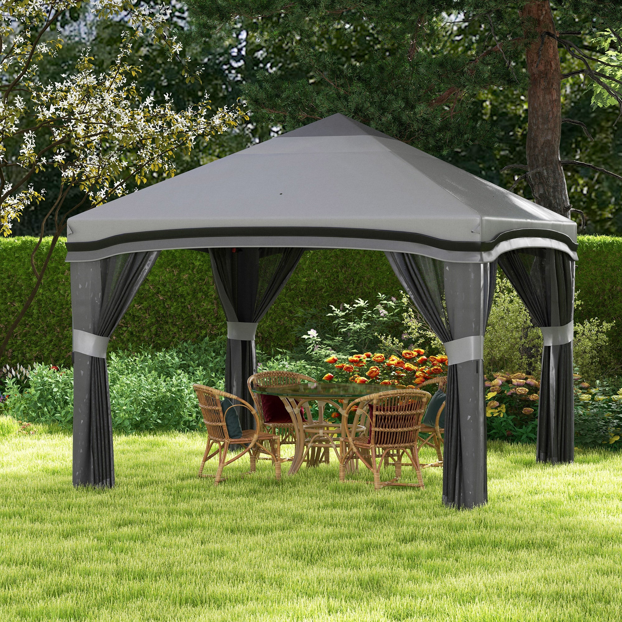Outsunny 10' x 10' Pop Up Canopy with Netting, Foldable Tents for Parties, Height Adjustable, with Storage Bag for Outdoor, Garden, Patio, Grey
