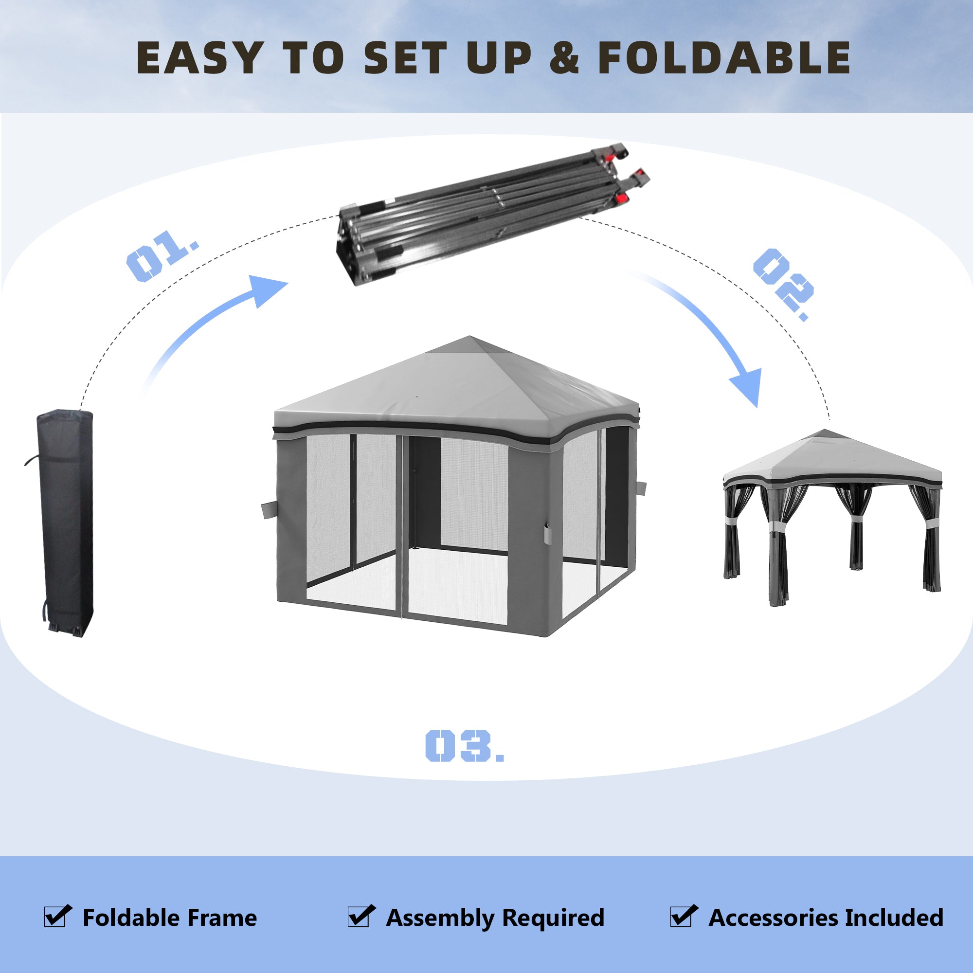 Outsunny 10' x 10' Pop Up Canopy with Netting, Foldable Tents for Parties, Height Adjustable, with Storage Bag for Outdoor, Garden, Patio, Grey