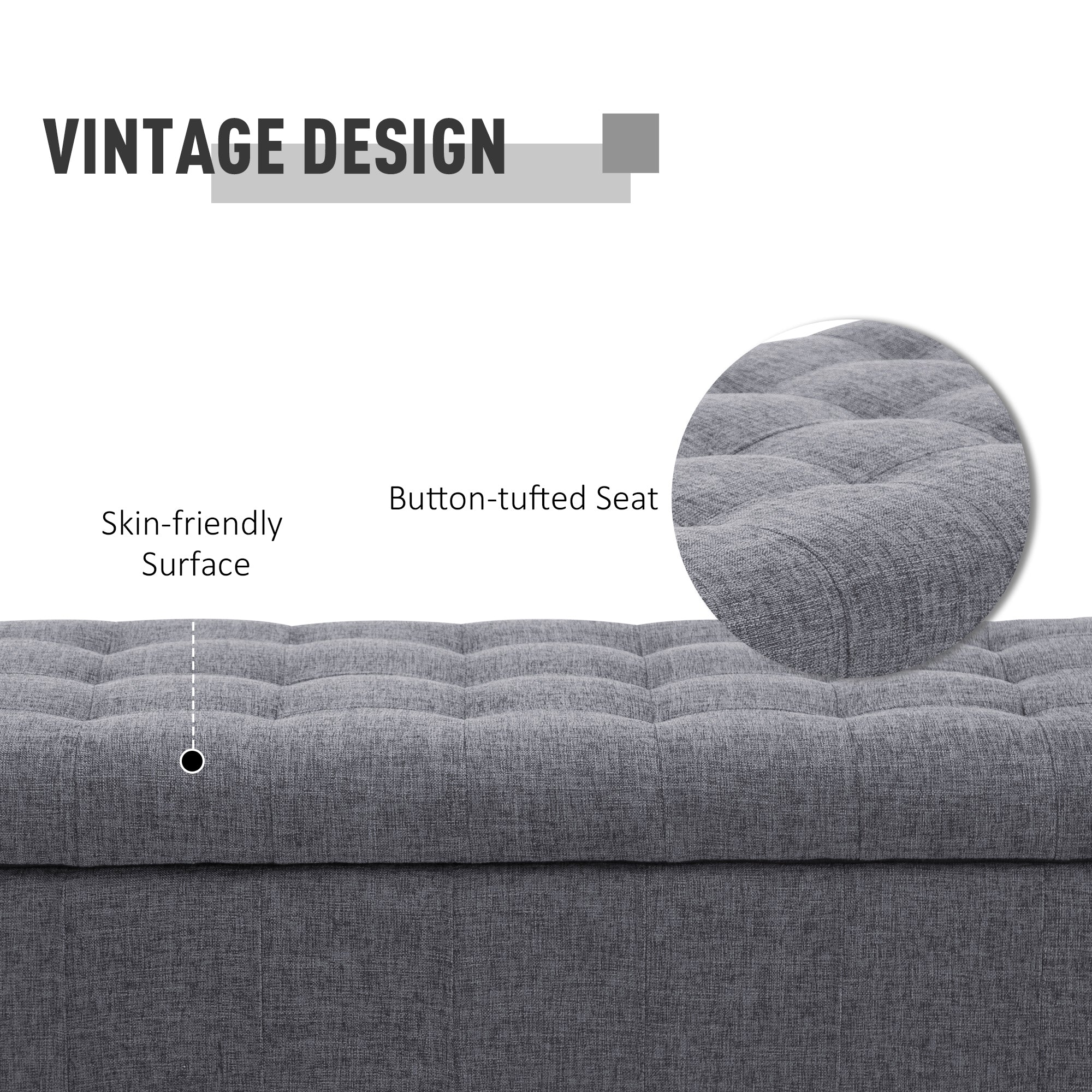 HOMCOM Storage Ottoman, Linen Fabric End of Bed Bench with Soft Close Lid, Button Tufted Storage Bench for Living Room, Entryway or Bedroom, 42