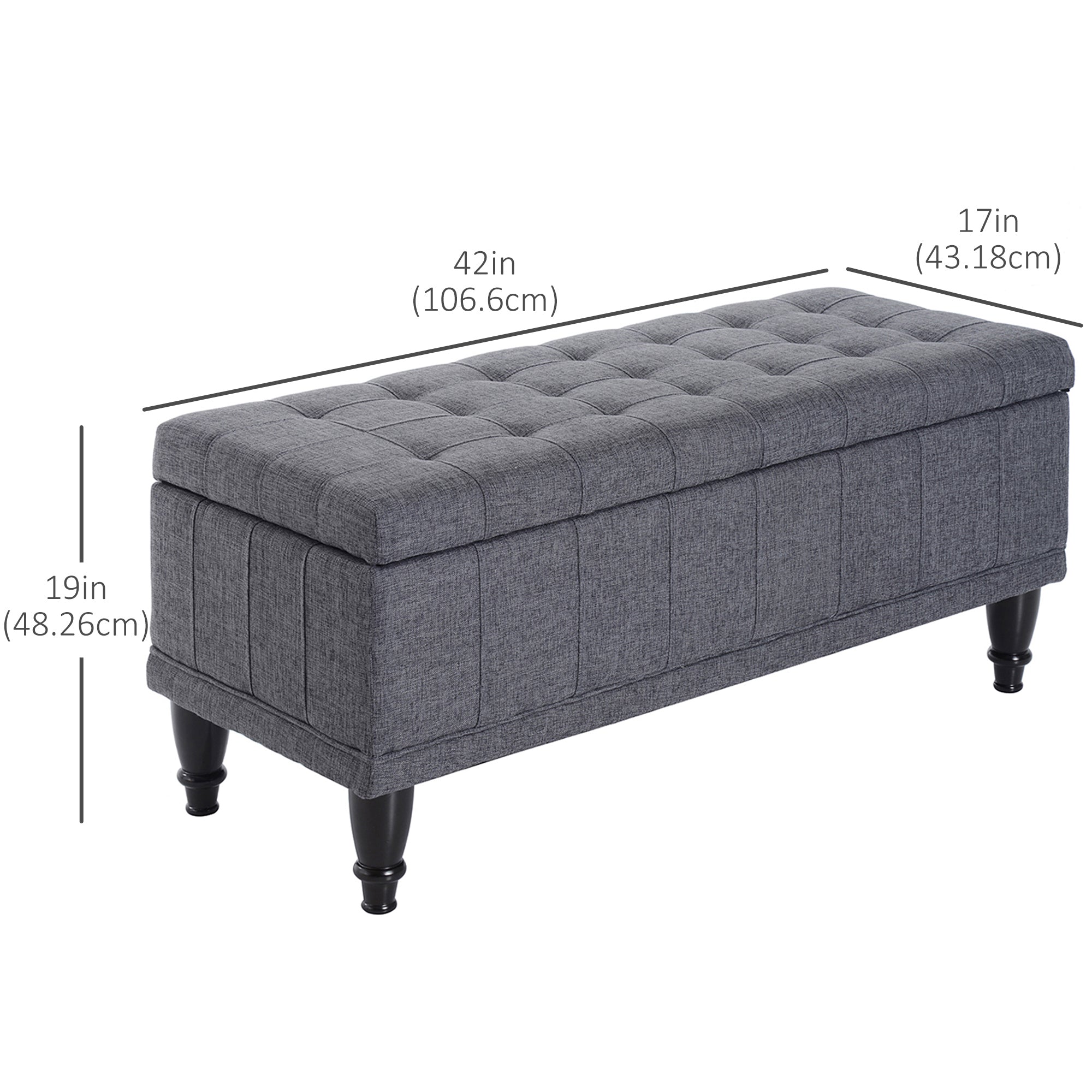 HOMCOM Storage Ottoman, Linen Fabric End of Bed Bench with Soft Close Lid, Button Tufted Storage Bench for Living Room, Entryway or Bedroom, 42" x 17" x 19", Grey