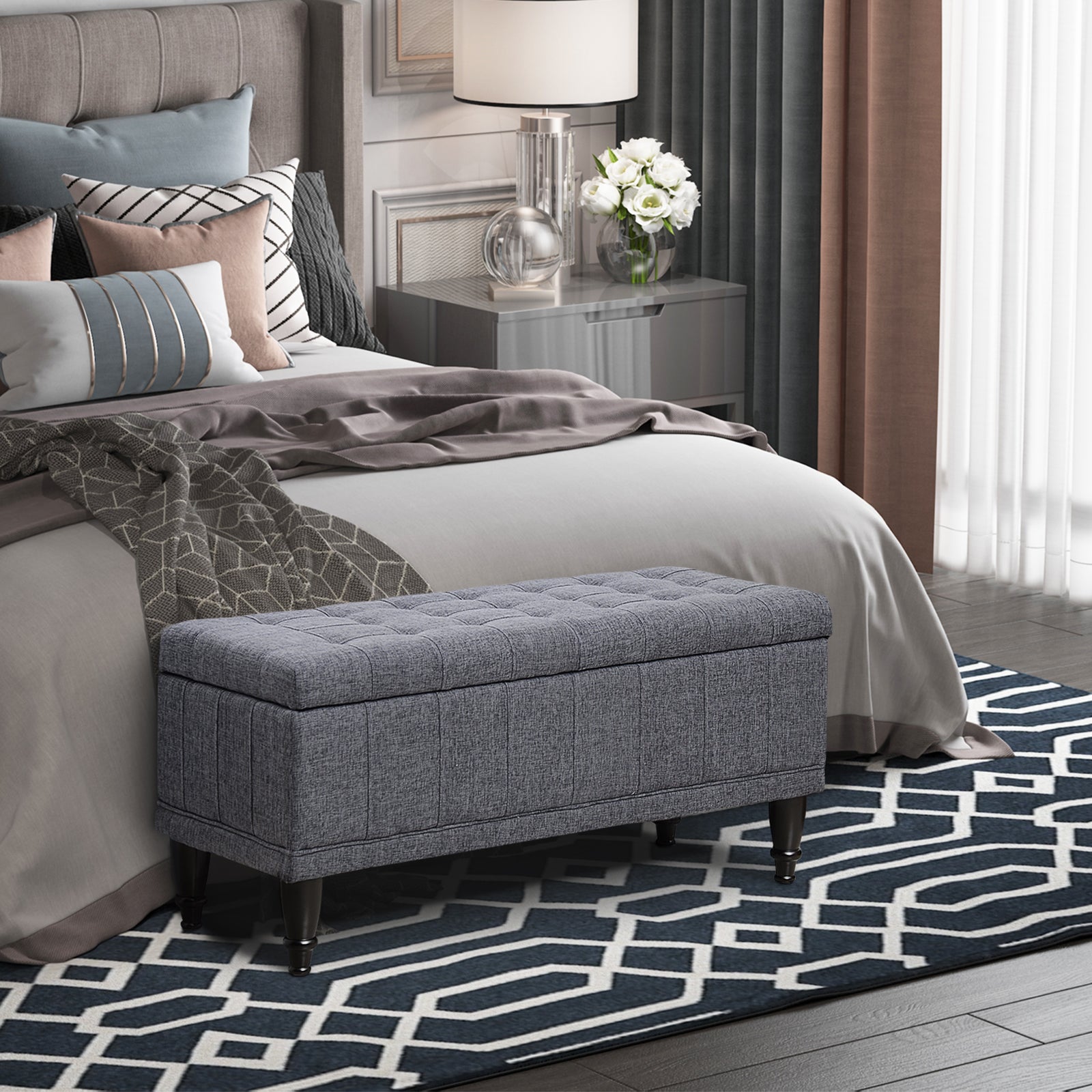 HOMCOM Storage Ottoman, Linen Fabric End of Bed Bench with Soft Close Lid, Button Tufted Storage Bench for Living Room, Entryway or Bedroom, 42