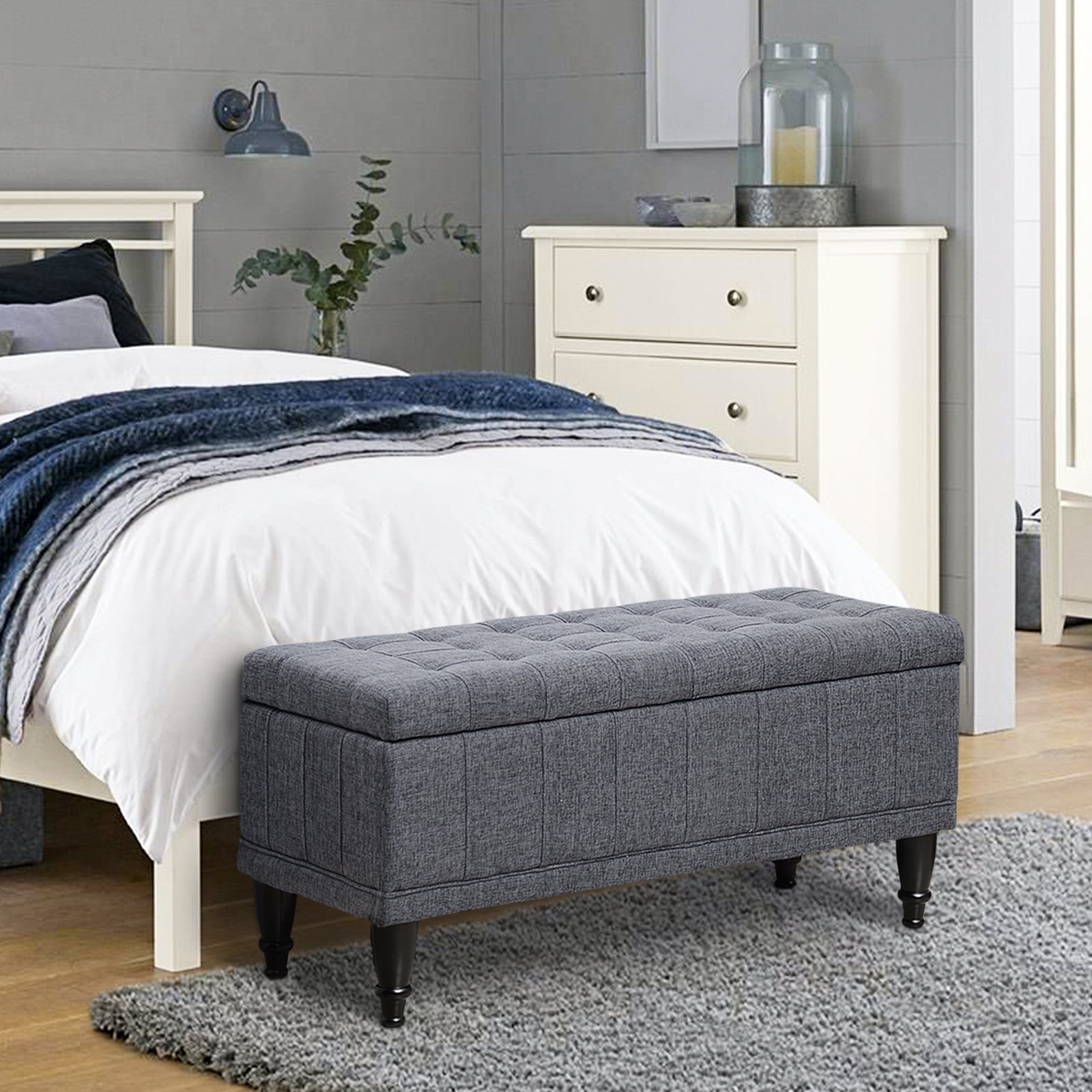HOMCOM Storage Ottoman, Linen Fabric End of Bed Bench with Soft Close Lid, Button Tufted Storage Bench for Living Room, Entryway or Bedroom, 42