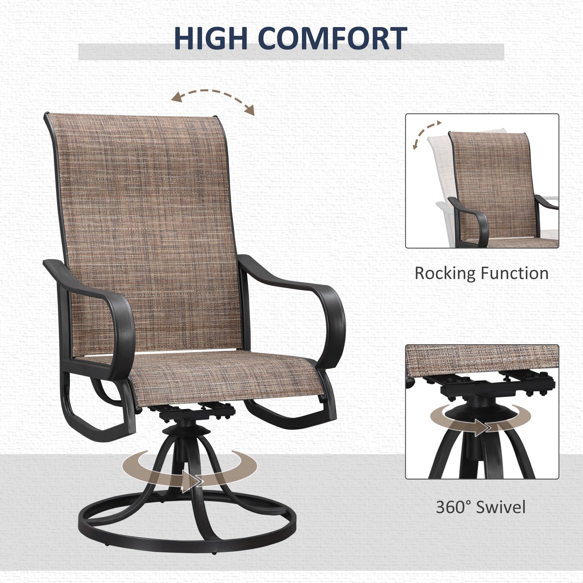 Outsunny 5-Piece Outdoor Patio Dining Set, 4 Swivel Rocker Chairs and 37" x 37" Dining Table Furniture Set with Umbrella Hole for Garden, Lawn and Backyard, Brown