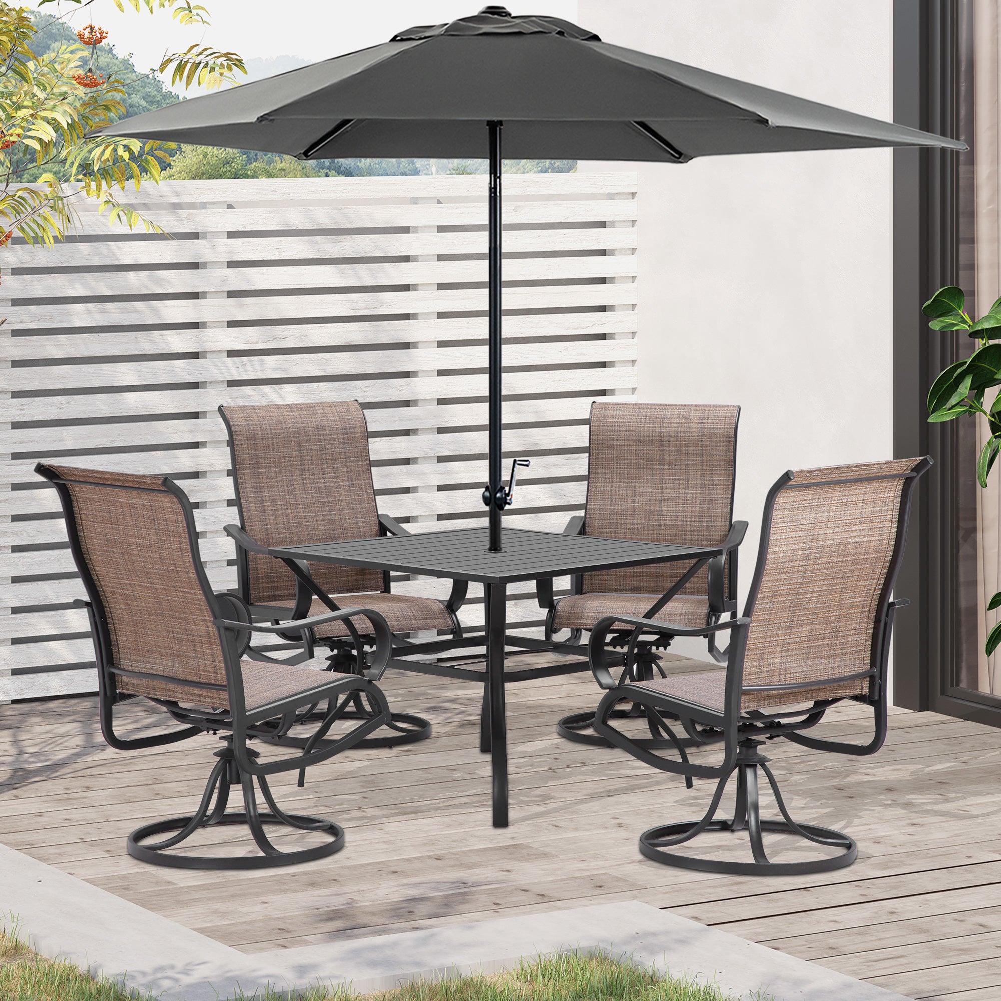 Outsunny 5-Piece Outdoor Patio Dining Set, 4 Swivel Rocker Chairs and 37" x 37" Dining Table Furniture Set with Umbrella Hole for Garden, Lawn and Backyard, Brown