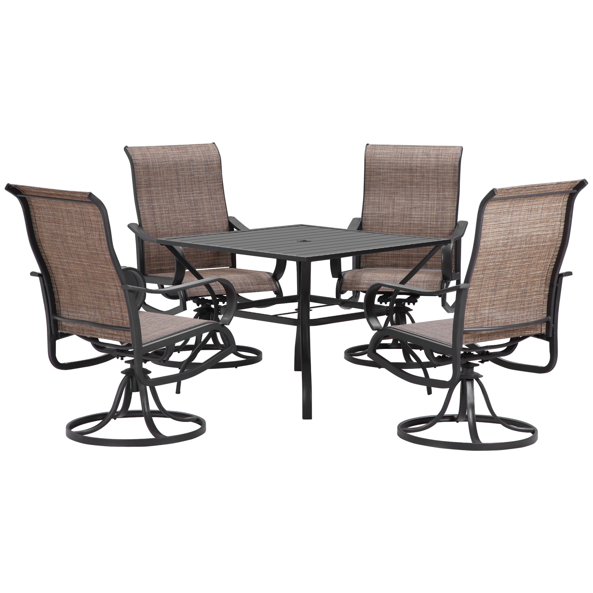 Outsunny 5-Piece Outdoor Patio Dining Set, 4 Swivel Rocker Chairs and 37" x 37" Dining Table Furniture Set with Umbrella Hole for Garden, Lawn and Backyard, Brown