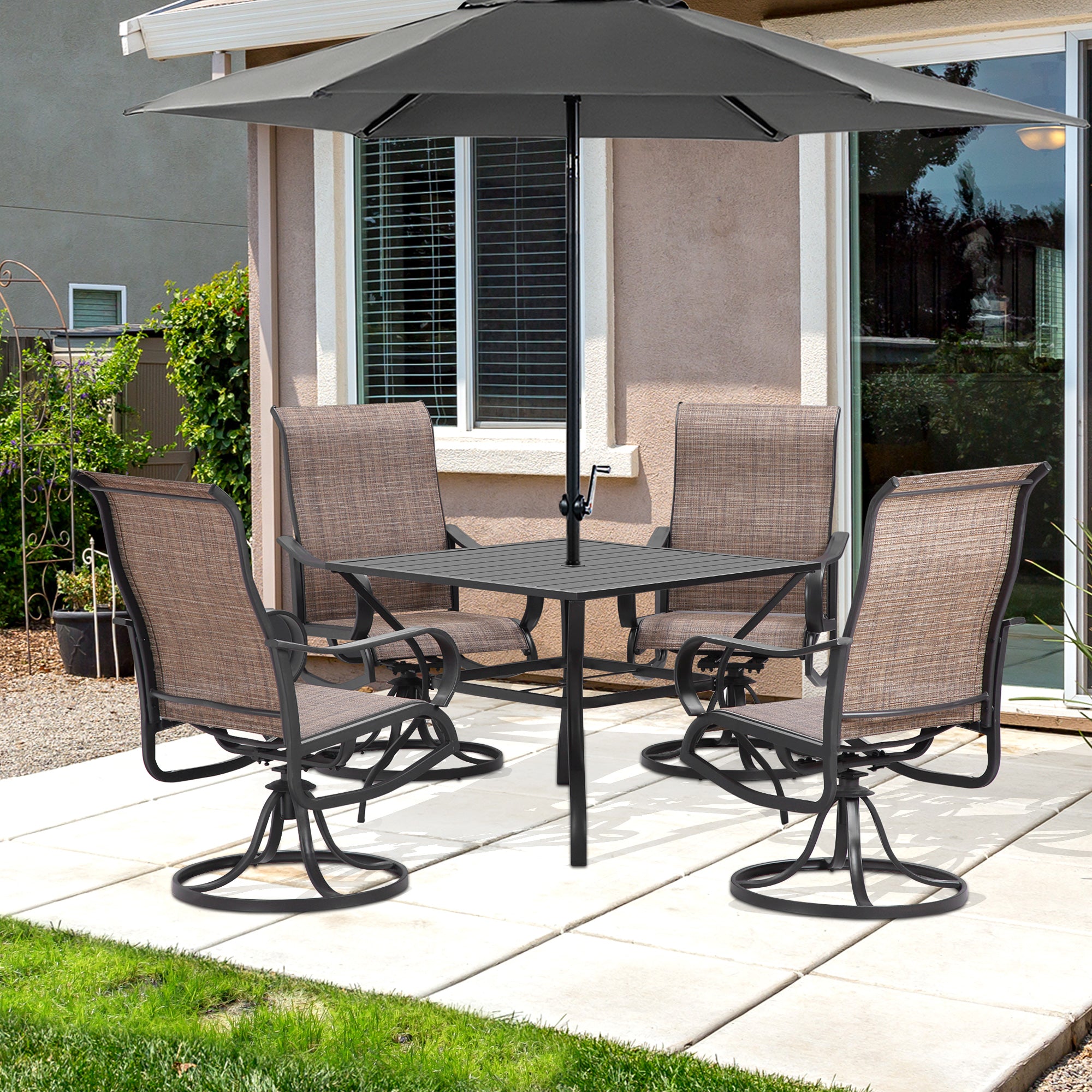 Outsunny 5-Piece Outdoor Patio Dining Set, 4 Swivel Rocker Chairs and 37" x 37" Dining Table Furniture Set with Umbrella Hole for Garden, Lawn and Backyard, Brown