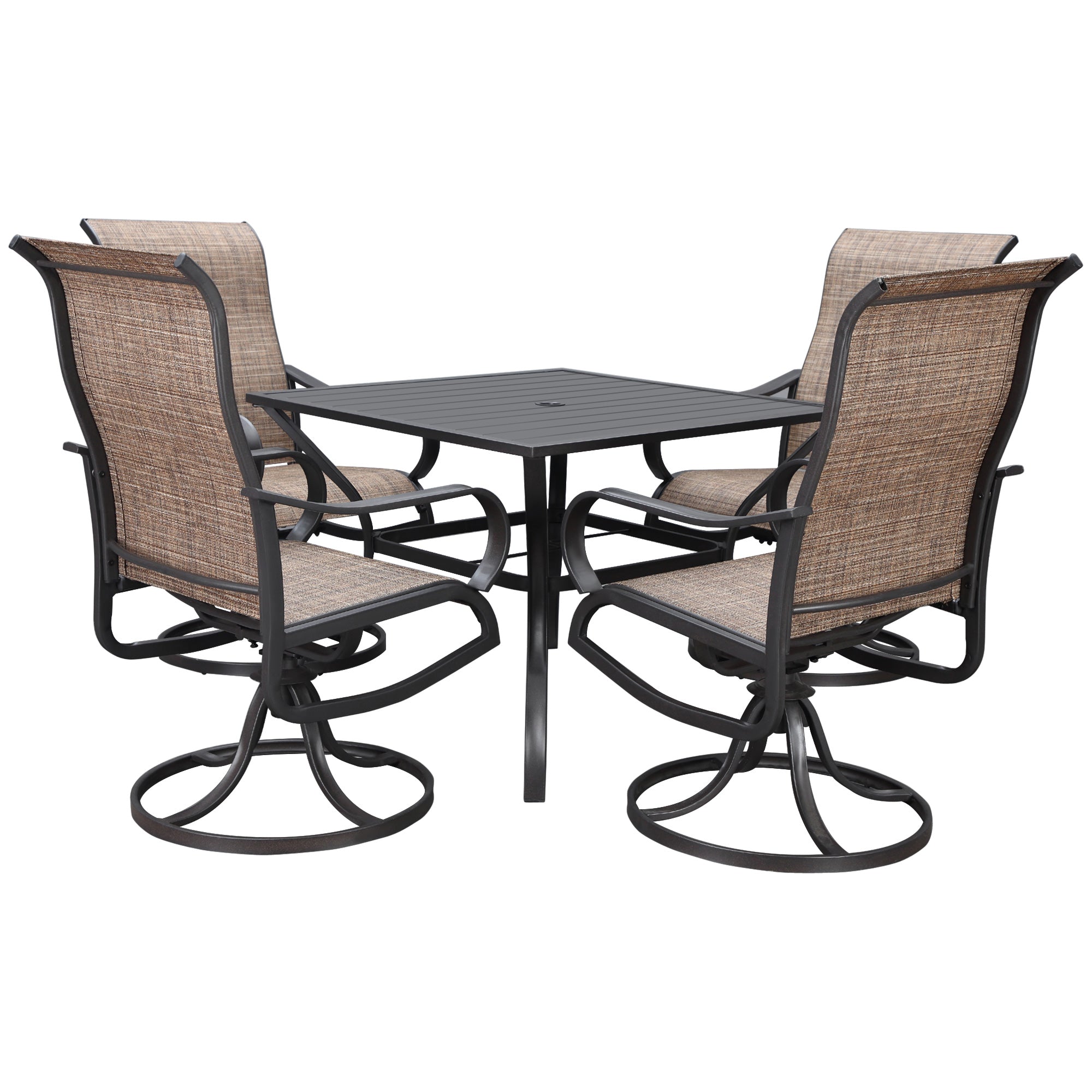 Outsunny 5-Piece Outdoor Patio Dining Set, 4 Swivel Rocker Chairs and 37" x 37" Dining Table Furniture Set with Umbrella Hole for Garden, Lawn and Backyard, Brown