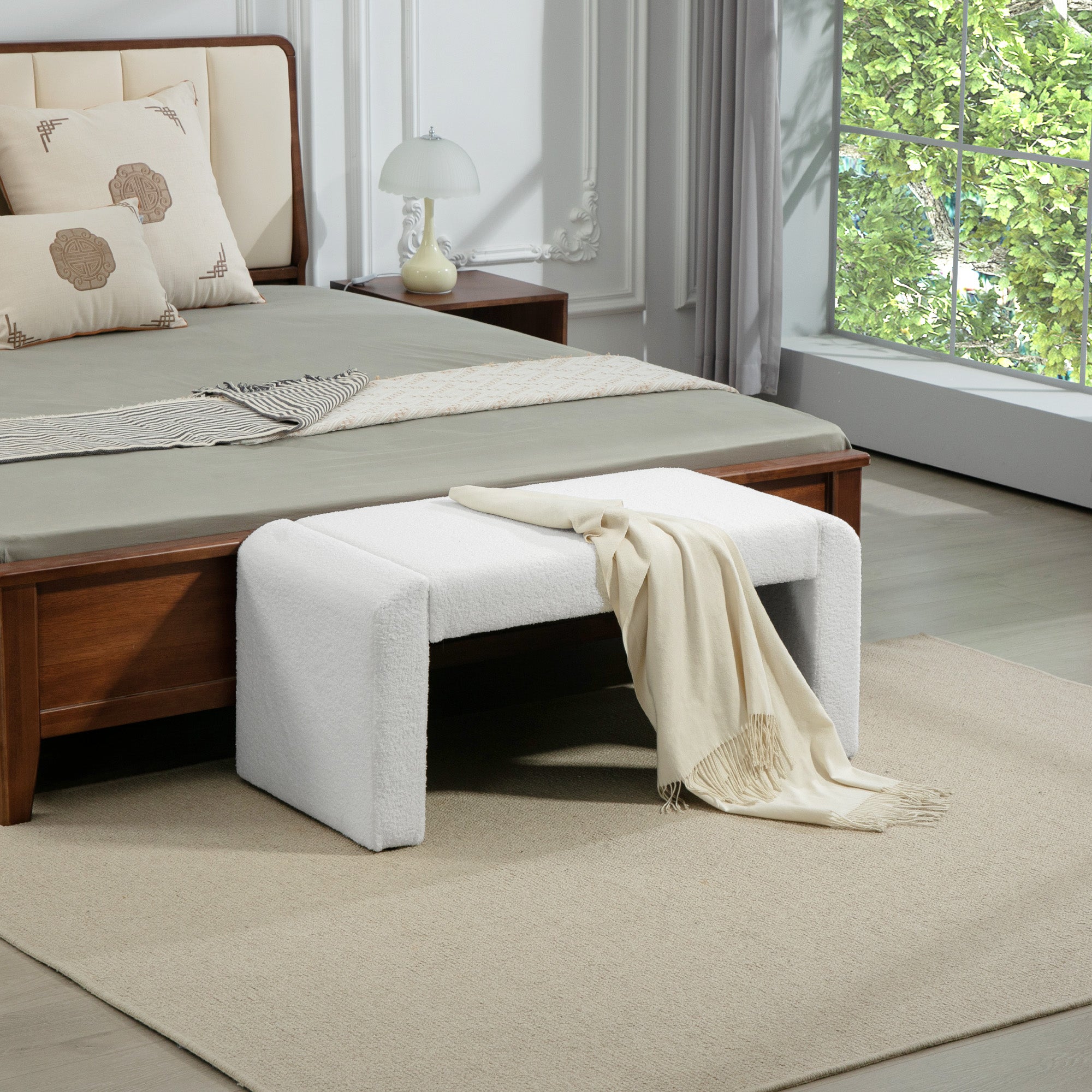 HOMCOM 39" Upholstered End of Bed Bench, Boucle Entryway Bench, Modern U-Shaped Ottoman Bench for Bedroom, Living Room, Hallway, White