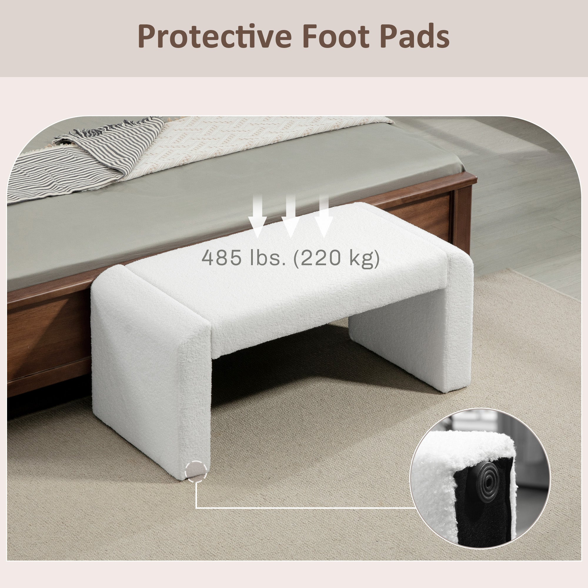 HOMCOM 39" Upholstered End of Bed Bench, Boucle Entryway Bench, Modern U-Shaped Ottoman Bench for Bedroom, Living Room, Hallway, White