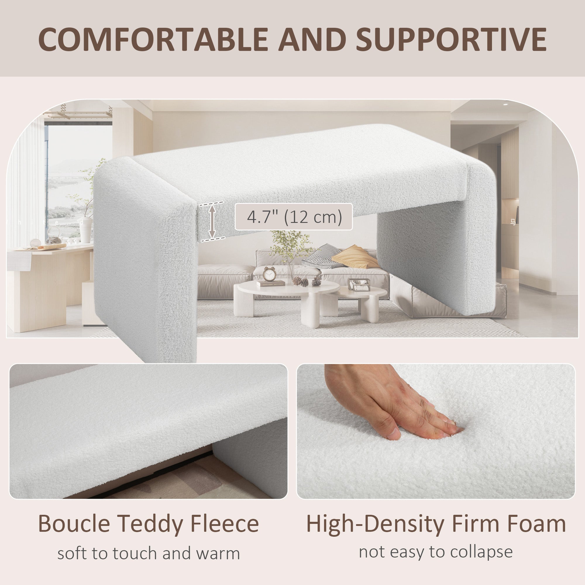 HOMCOM 39" Upholstered End of Bed Bench, Boucle Entryway Bench, Modern U-Shaped Ottoman Bench for Bedroom, Living Room, Hallway, White