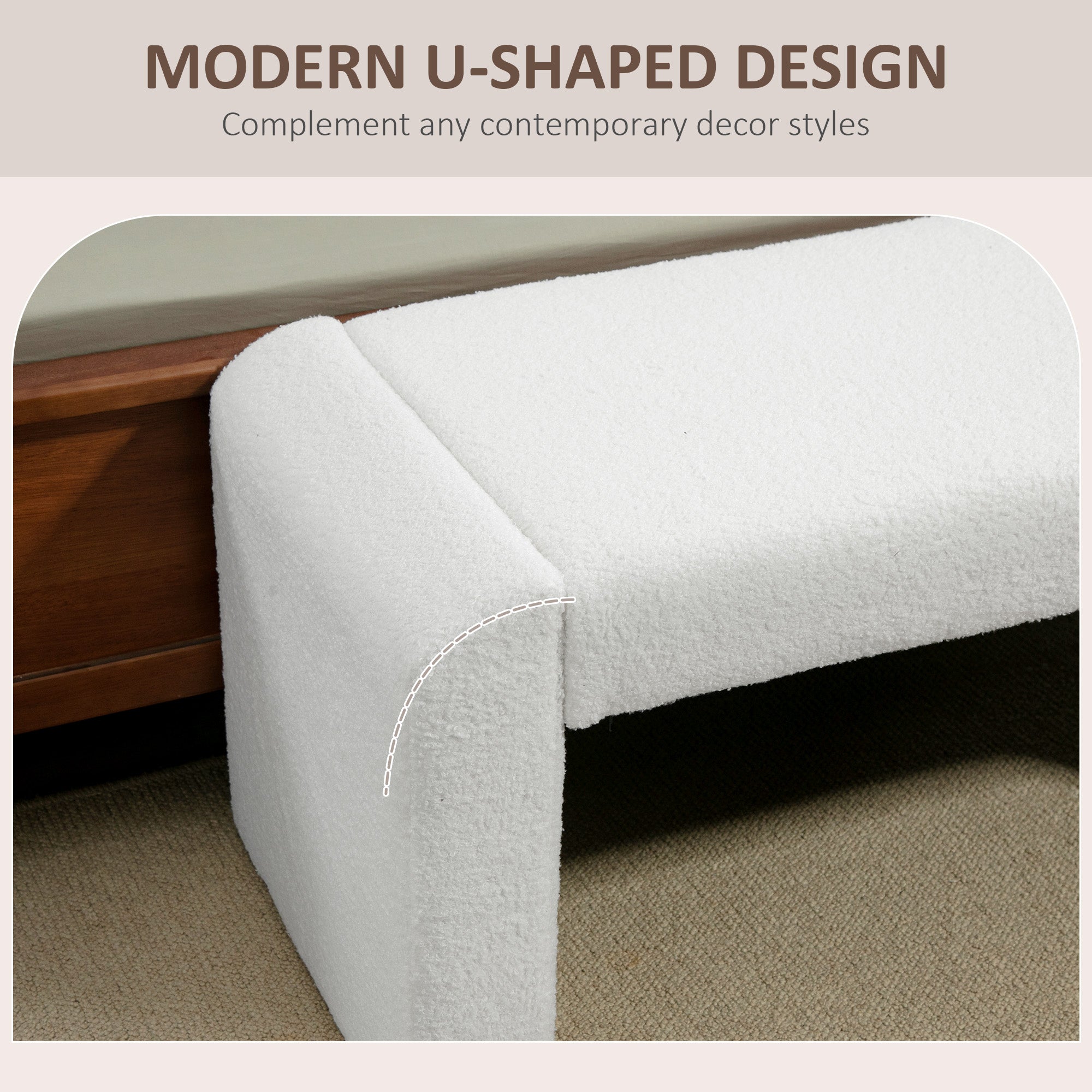 HOMCOM 39" Upholstered End of Bed Bench, Boucle Entryway Bench, Modern U-Shaped Ottoman Bench for Bedroom, Living Room, Hallway, White