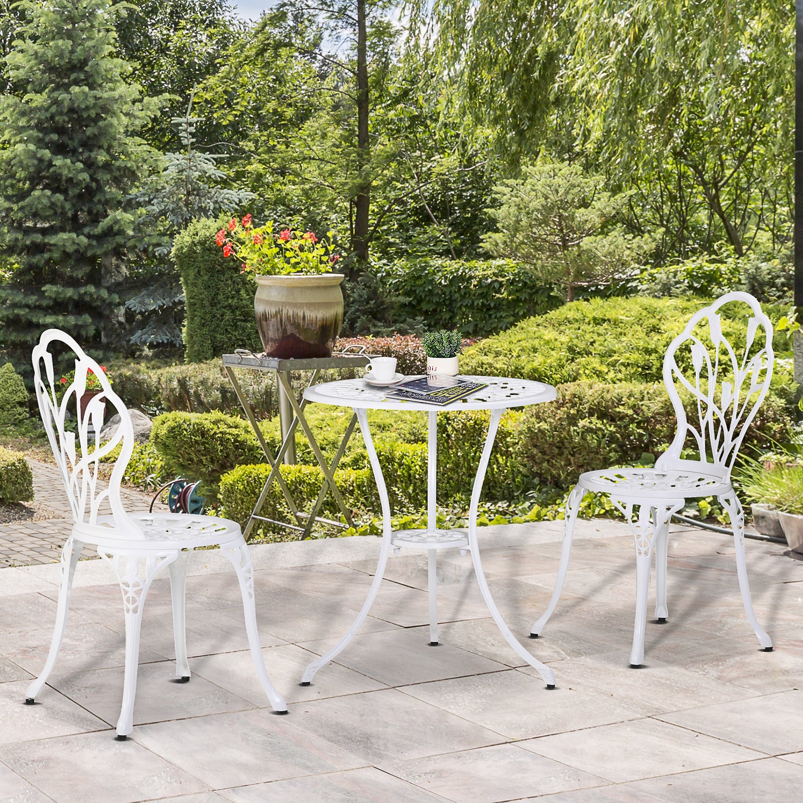 Outsunny 3 Pieces Patio Bistro Set, Outdoor Cast Aluminum Garden Table and Chairs with Umbrella Hole for Balcony, White