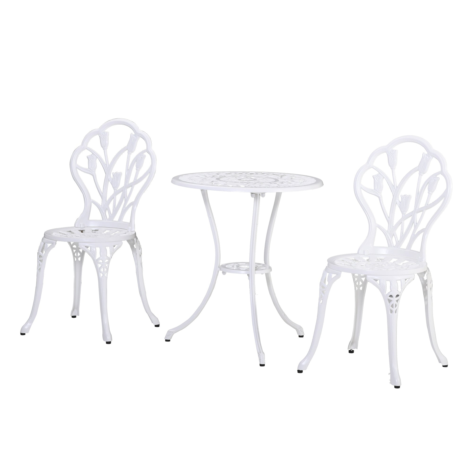 Outsunny 3 Pieces Patio Bistro Set, Outdoor Cast Aluminum Garden Table and Chairs with Umbrella Hole for Balcony, White