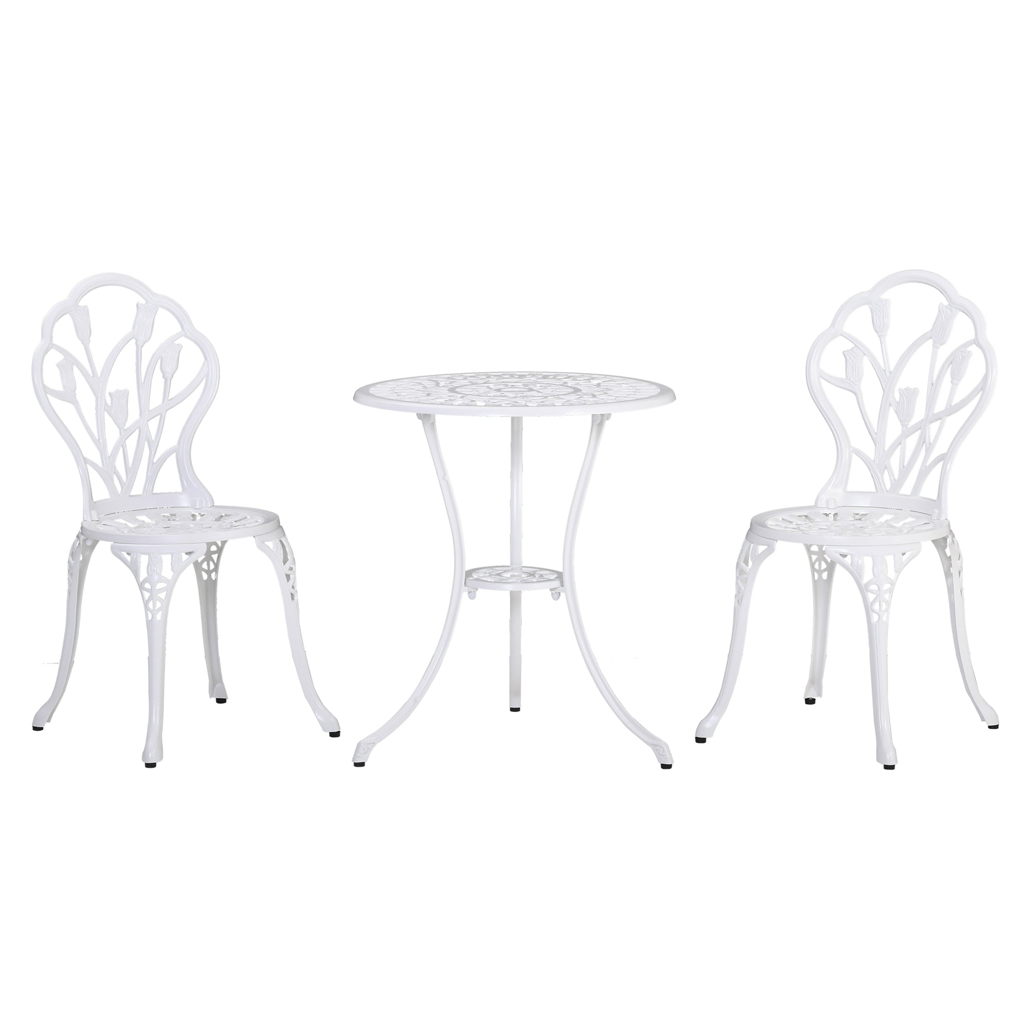 Outsunny 3 Pieces Patio Bistro Set, Outdoor Cast Aluminum Garden Table and Chairs with Umbrella Hole for Balcony, White