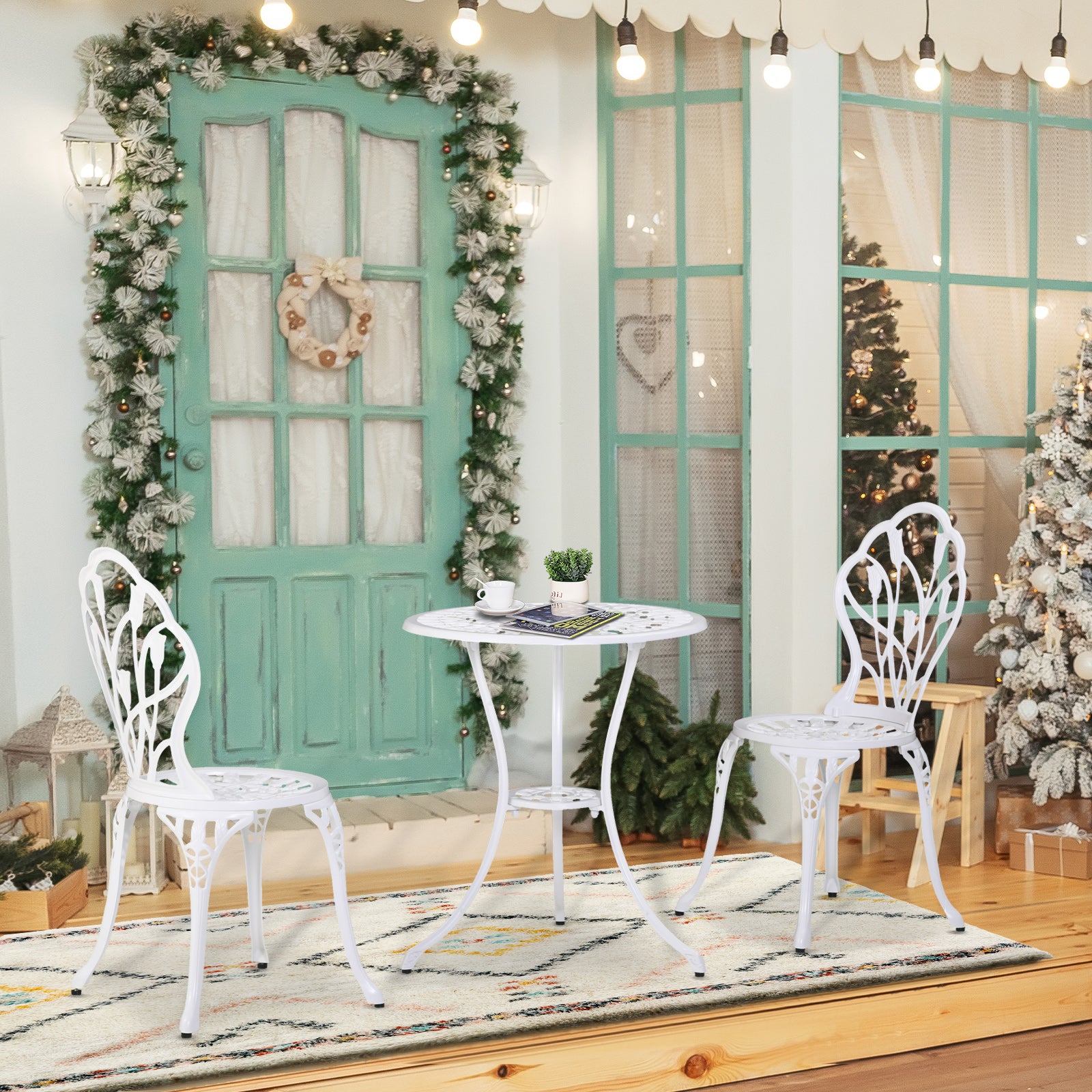 Outsunny 3 Pieces Patio Bistro Set, Outdoor Cast Aluminum Garden Table and Chairs with Umbrella Hole for Balcony, White