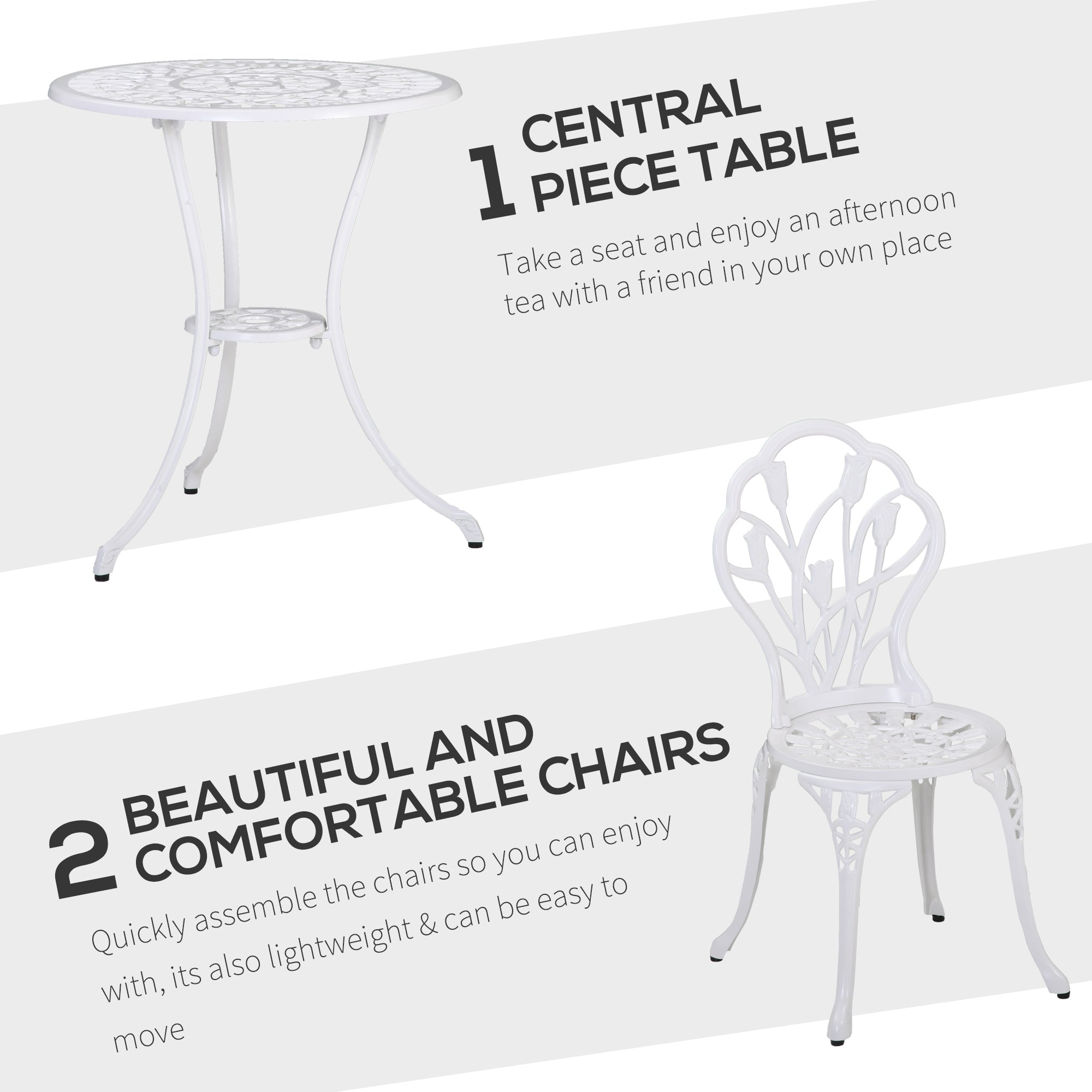 Outsunny 3 Pieces Patio Bistro Set, Outdoor Cast Aluminum Garden Table and Chairs with Umbrella Hole for Balcony, White