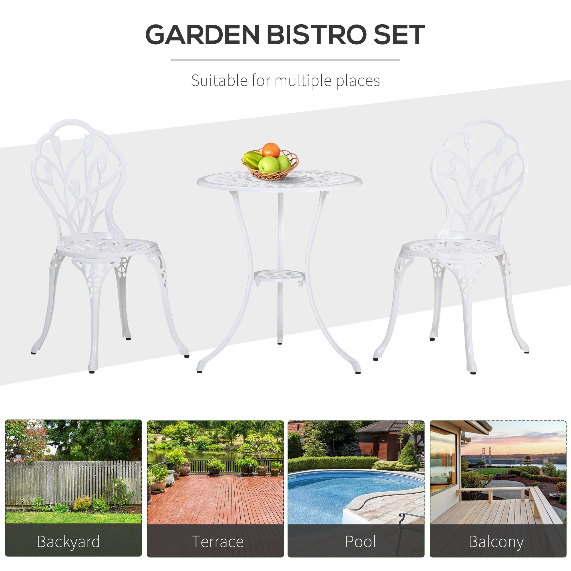 Outsunny 3 Pieces Patio Bistro Set, Outdoor Cast Aluminum Garden Table and Chairs with Umbrella Hole for Balcony, White