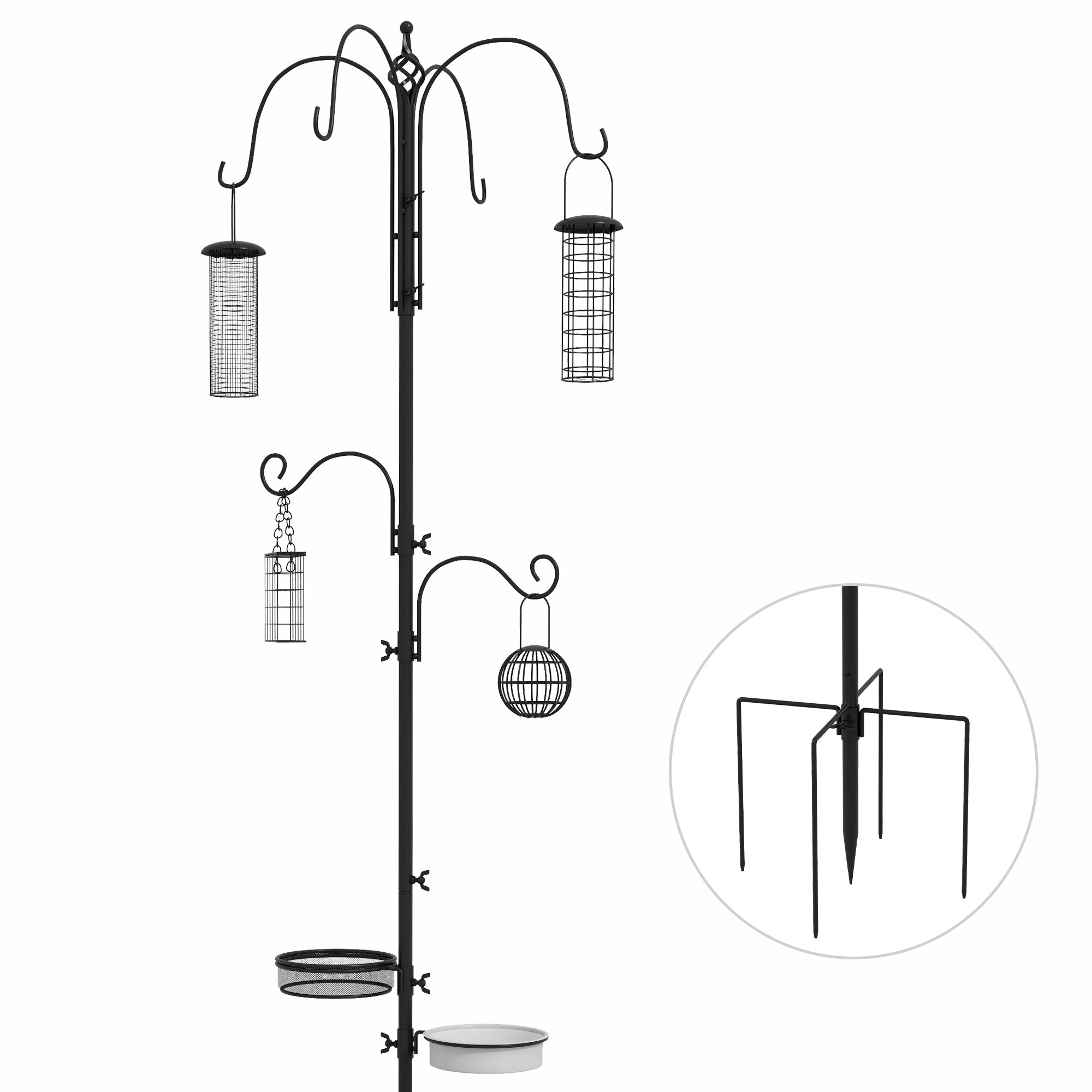 Pawhut Bird Feeding Station Kit, Wild Bird Feeder Pole with 6 Hooks, 4 Hanging Feeders for Peanuts, Seed, Fat Balls, for Garden, Outdoor, Black
