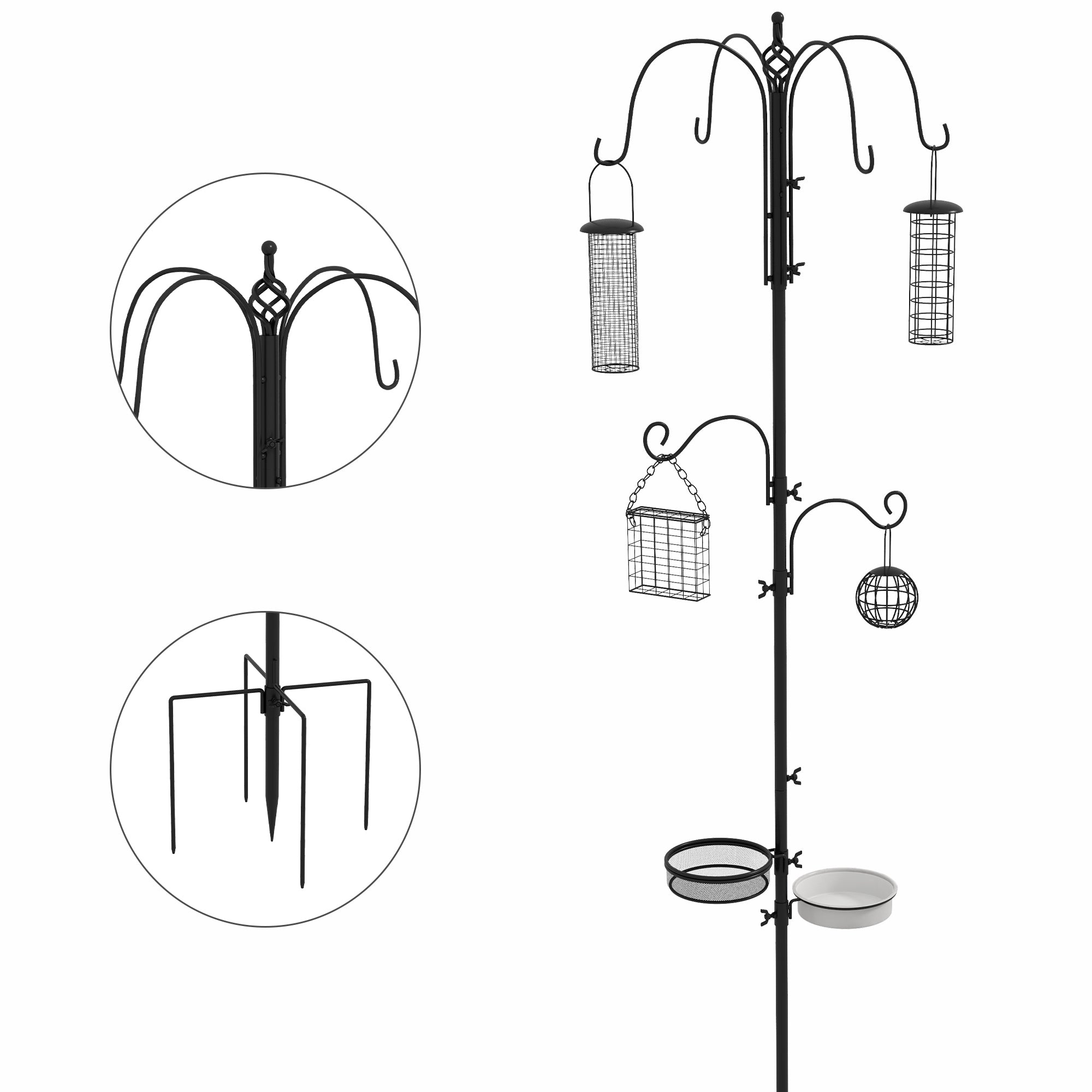 Pawhut Bird Feeding Station Kit, Wild Bird Feeder Pole with 6 Hooks, 4 Hanging Feeders for Peanuts, Seed, Fat Balls, for Garden, Outdoor, Black