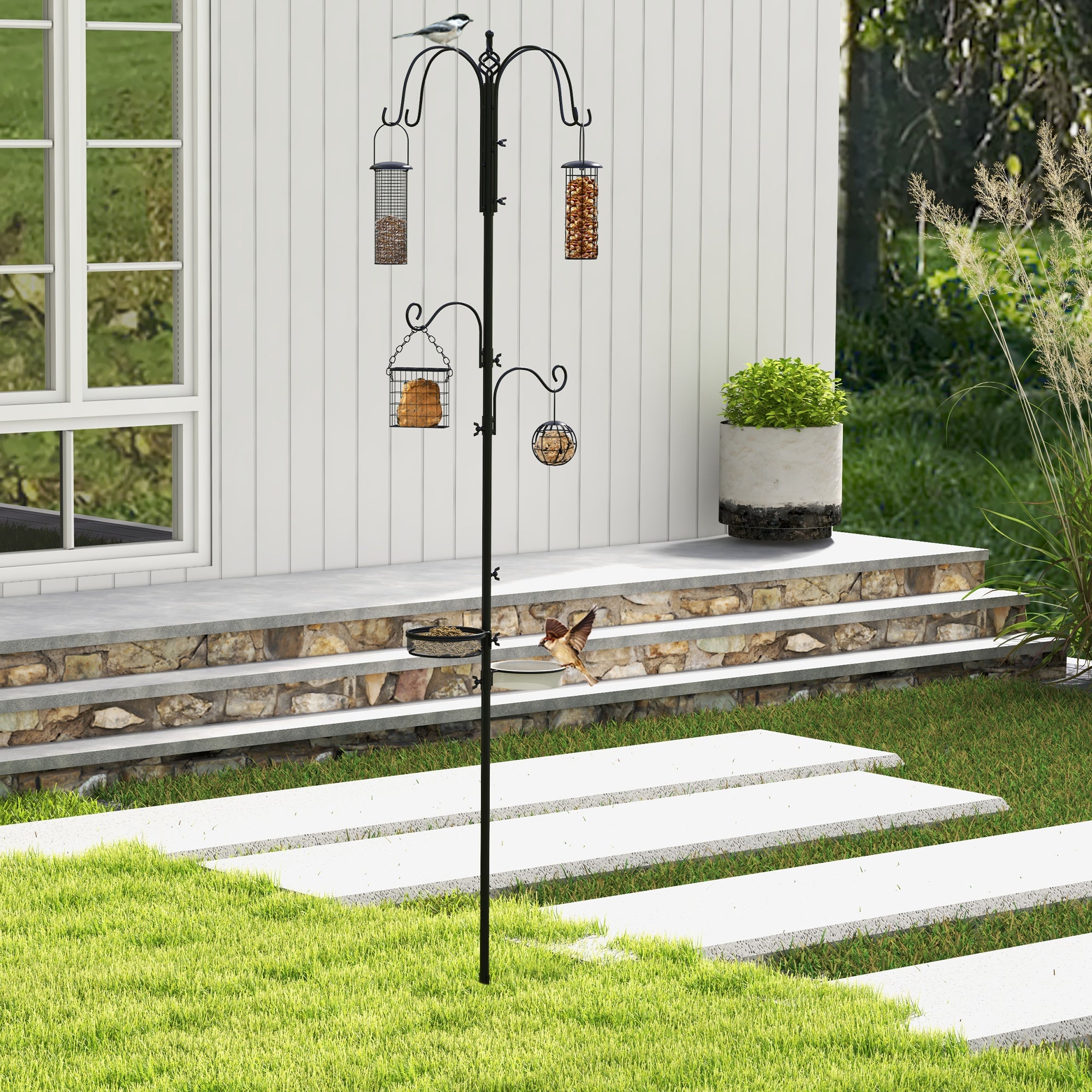 Pawhut Bird Feeding Station Kit, Wild Bird Feeder Pole with 6 Hooks, 4 Hanging Feeders for Peanuts, Seed, Fat Balls, for Garden, Outdoor, Black
