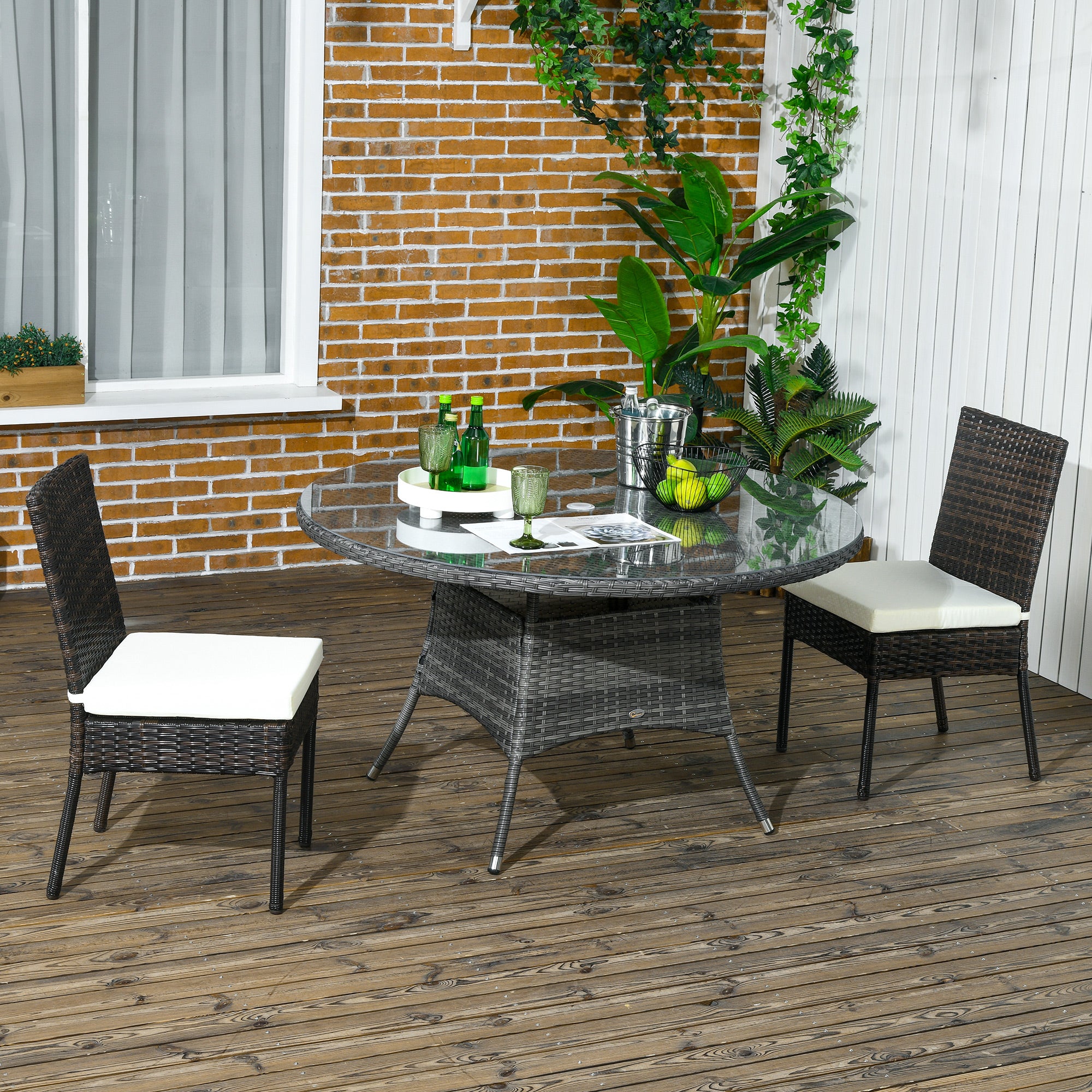 Outsunny 2 Pieces PE Rattan Outdoor Dining Chairs with Cushion, Patio Wicker Dining Chairs with Backrest for Patio, Deck, Garden, Brown