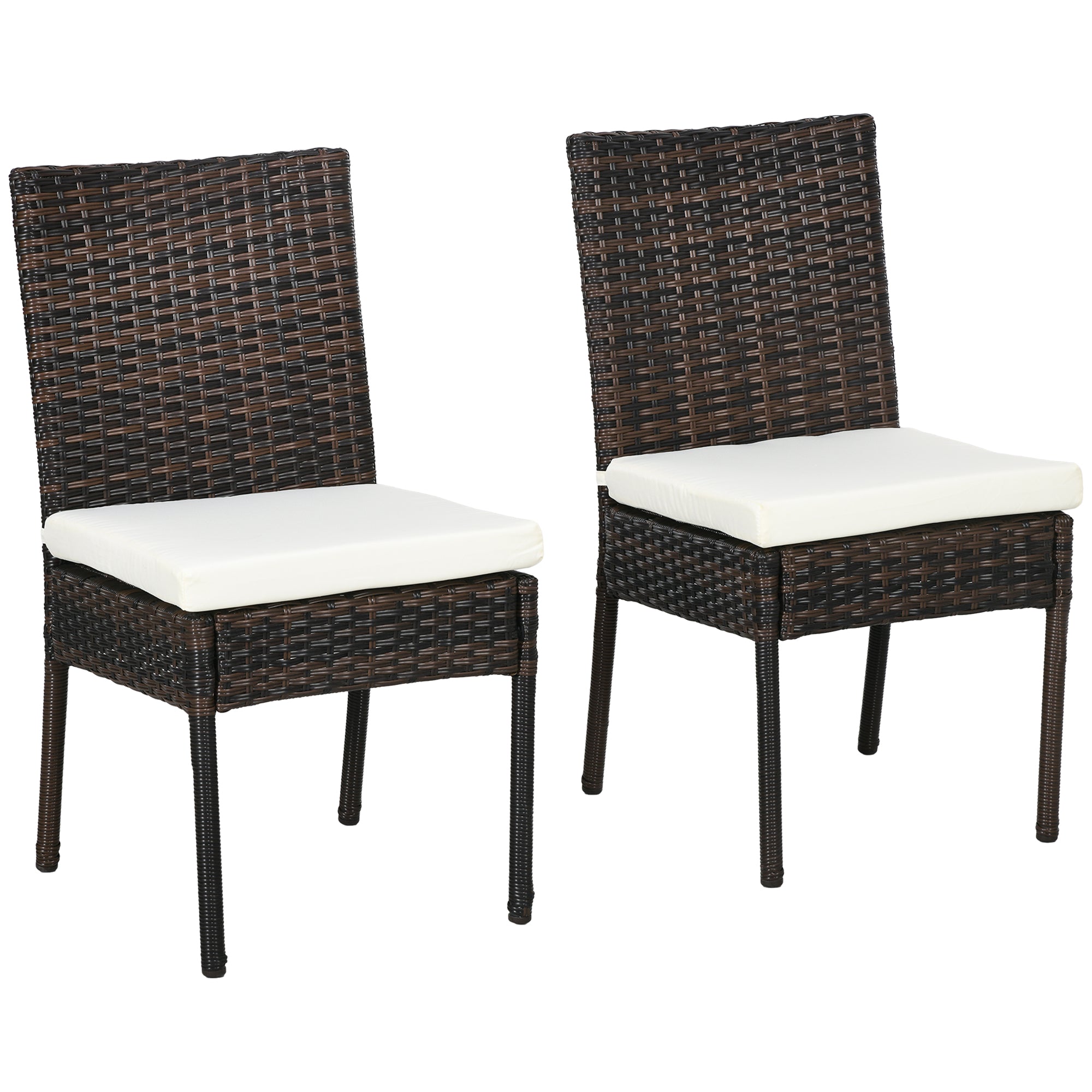 Outsunny 2 Pieces PE Rattan Outdoor Dining Chairs with Cushion, Patio Wicker Dining Chairs with Backrest for Patio, Deck, Garden, Brown