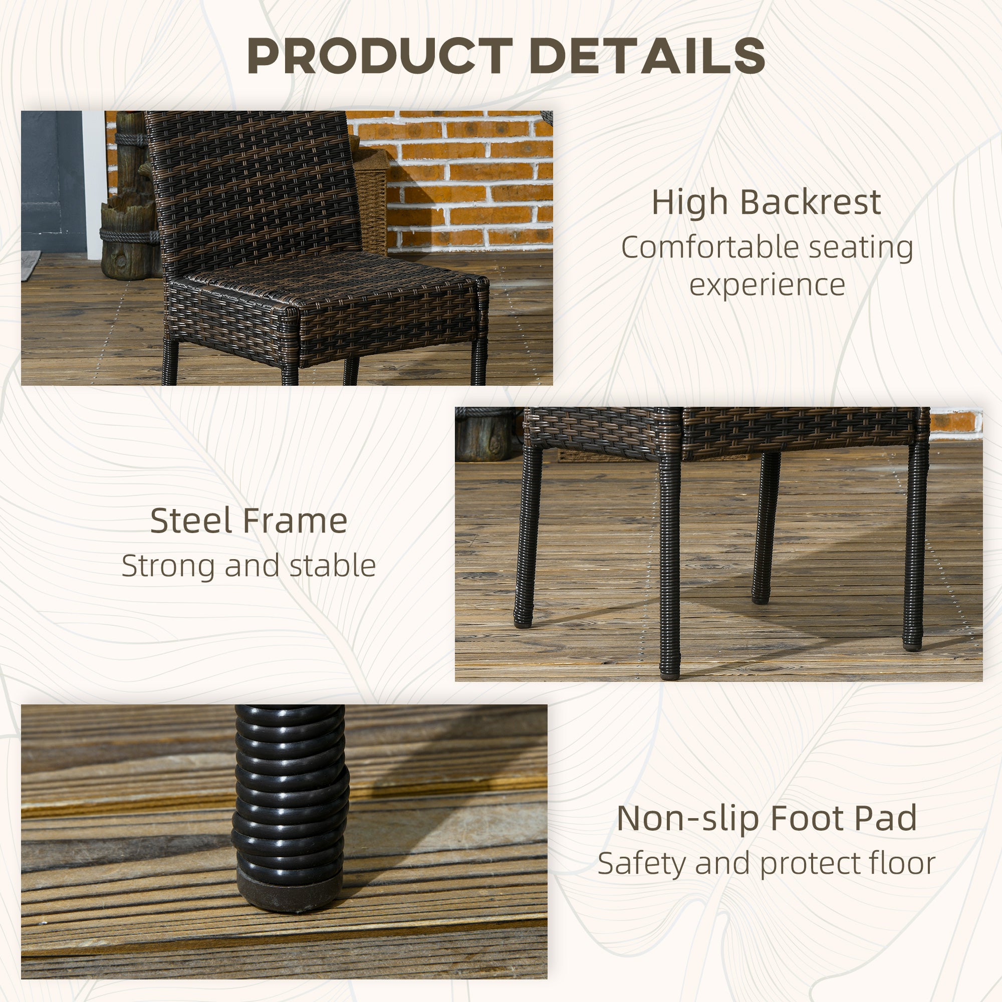 Outsunny 2 Pieces PE Rattan Outdoor Dining Chairs with Cushion, Patio Wicker Dining Chairs with Backrest for Patio, Deck, Garden, Brown