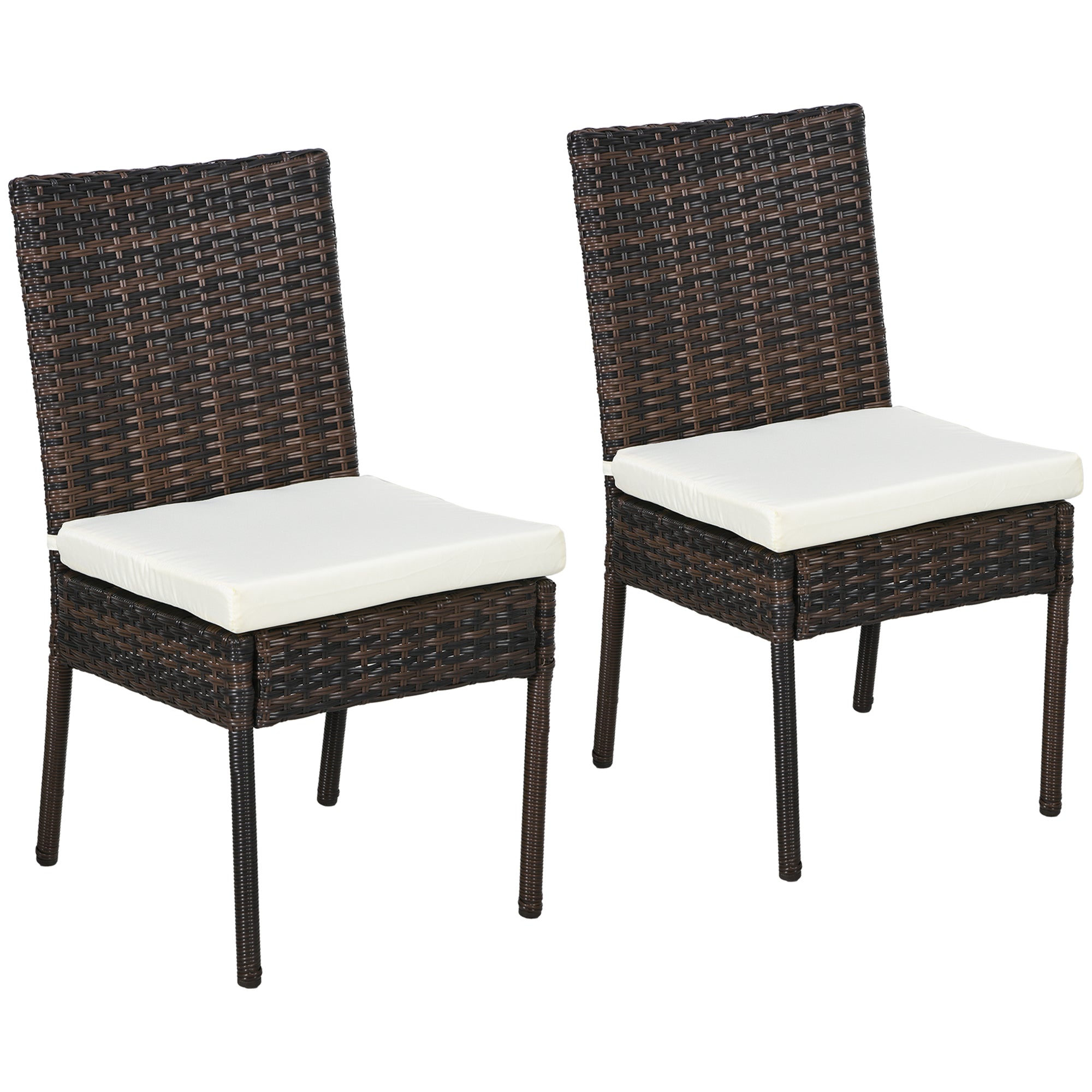 Outsunny 2 Pieces PE Rattan Outdoor Dining Chairs with Cushion, Patio Wicker Dining Chairs with Backrest for Patio, Deck, Garden, Brown