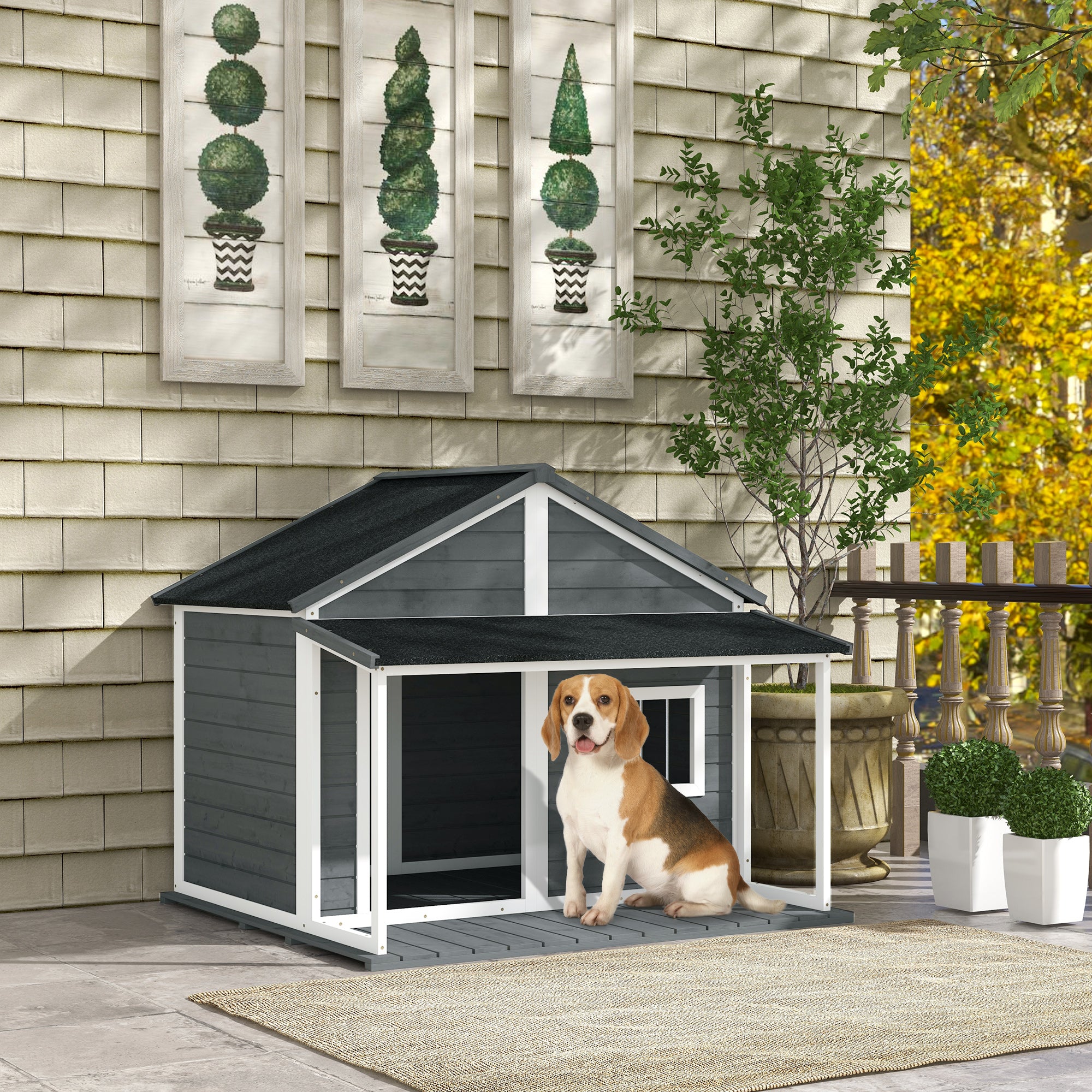 PawHut Outdoor Dog House Cabin Style, Wooden Raised Pet Kennel with Asphalt Roof, Front Door, Side Window, Porch for Medium and Large Dogs, Gray
