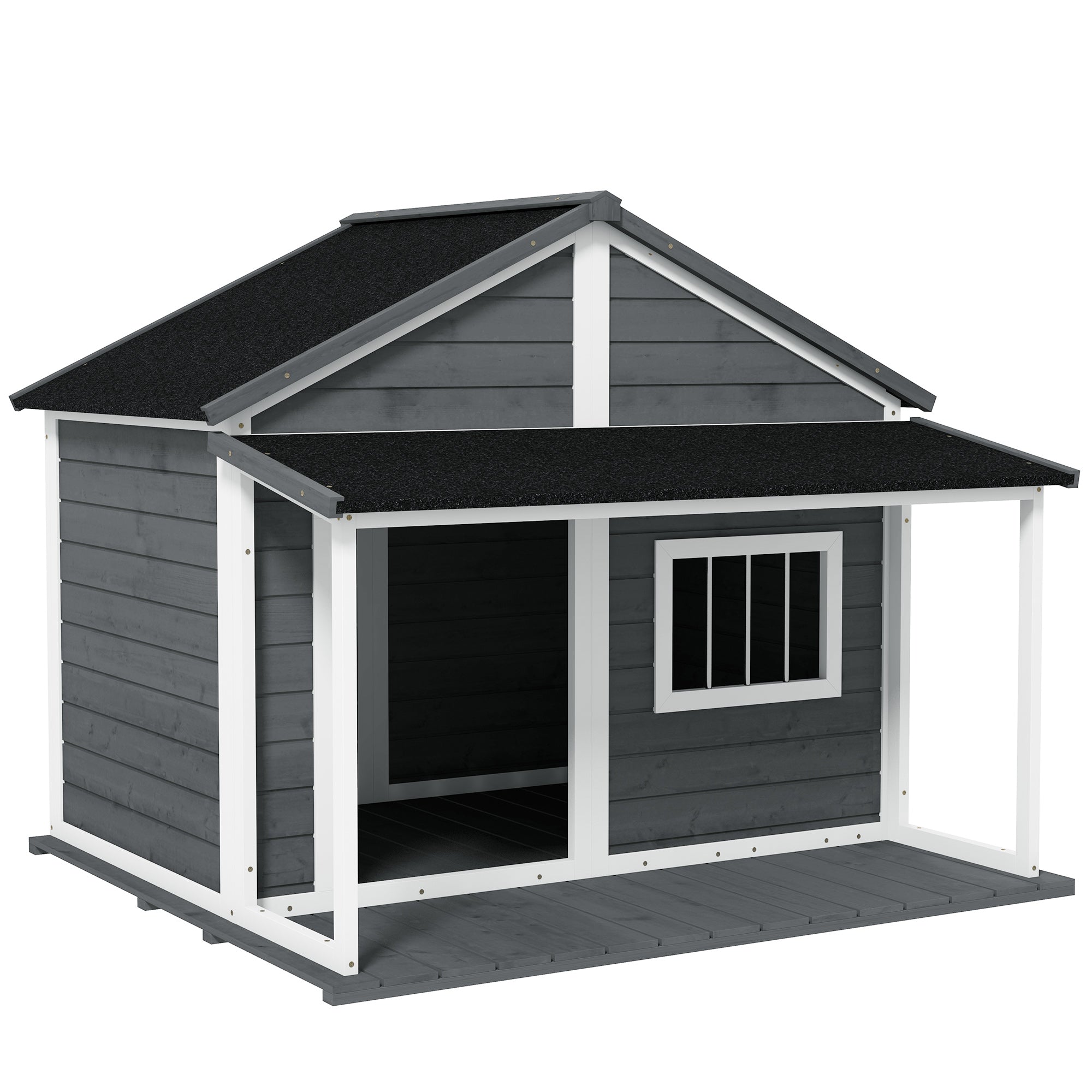 PawHut Outdoor Dog House Cabin Style, Wooden Raised Pet Kennel with Asphalt Roof, Front Door, Side Window, Porch for Medium and Large Dogs, Gray