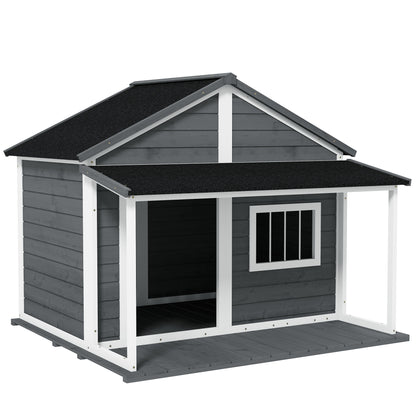 PawHut Outdoor Dog House Cabin Style, Wooden Raised Pet Kennel with Asphalt Roof, Front Door, Side Window, Porch for Medium and Large Dogs, Gray