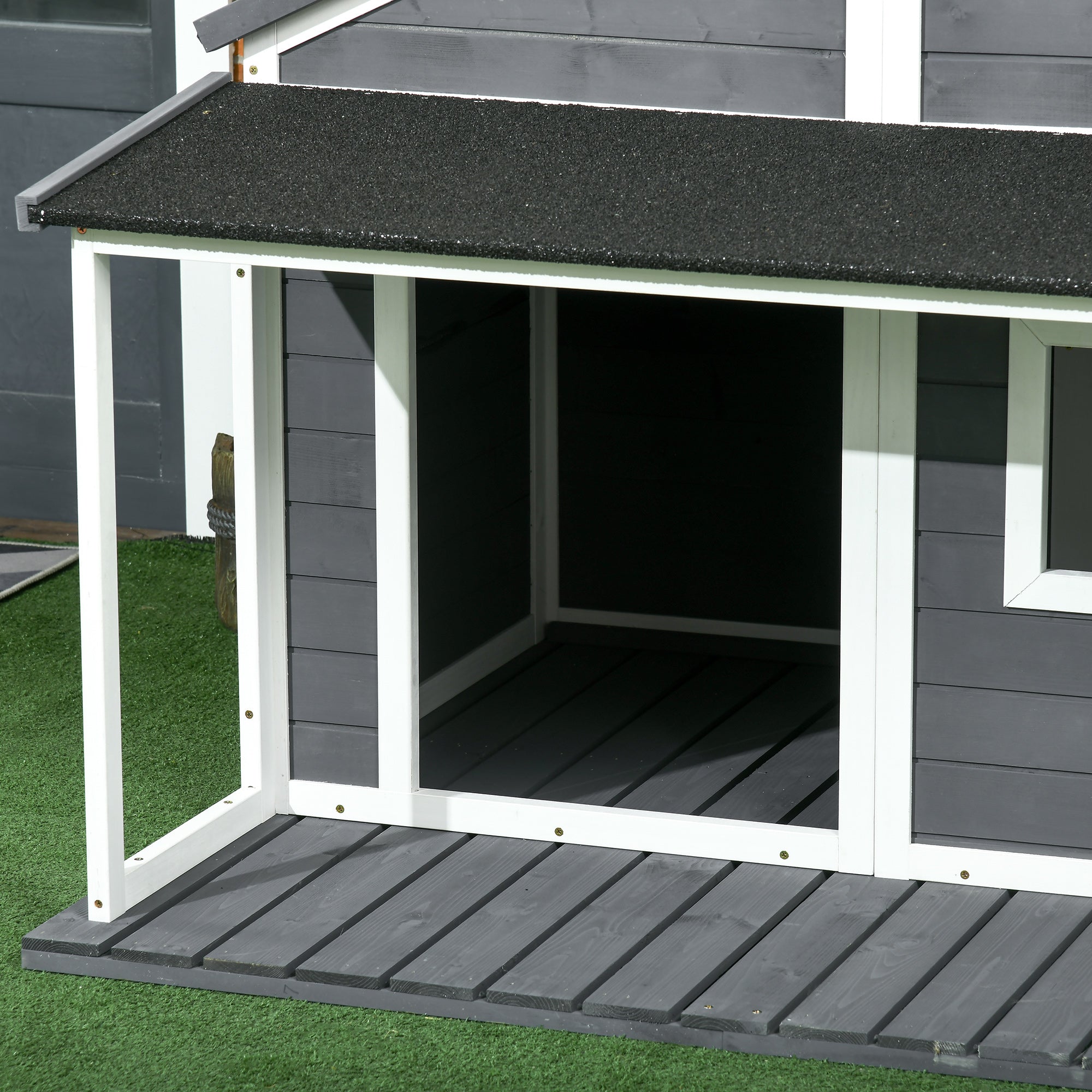 PawHut Outdoor Dog House Cabin Style, Wooden Raised Pet Kennel with Asphalt Roof, Front Door, Side Window, Porch for Medium and Large Dogs, Gray