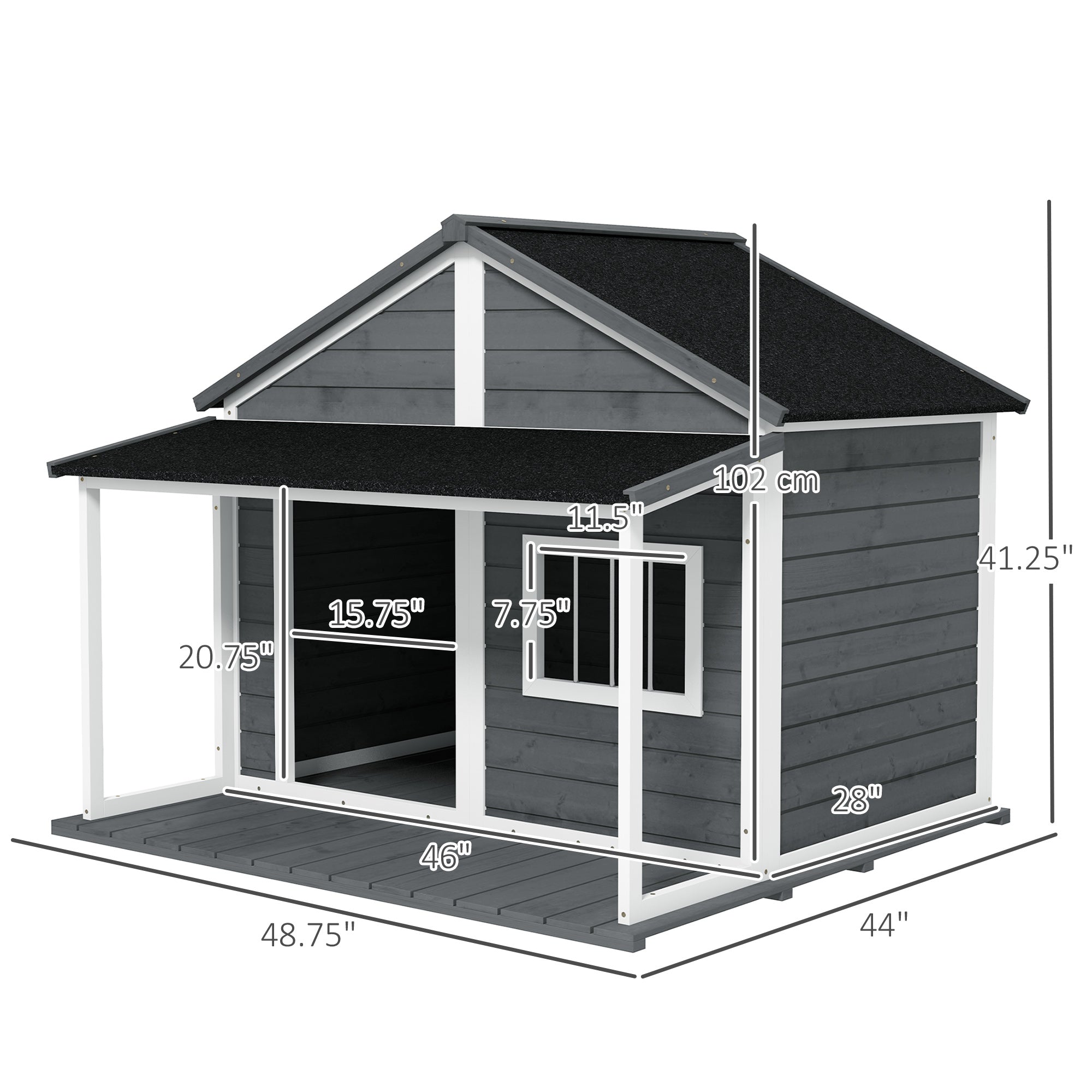 PawHut Outdoor Dog House Cabin Style, Wooden Raised Pet Kennel with Asphalt Roof, Front Door, Side Window, Porch for Medium and Large Dogs, Gray