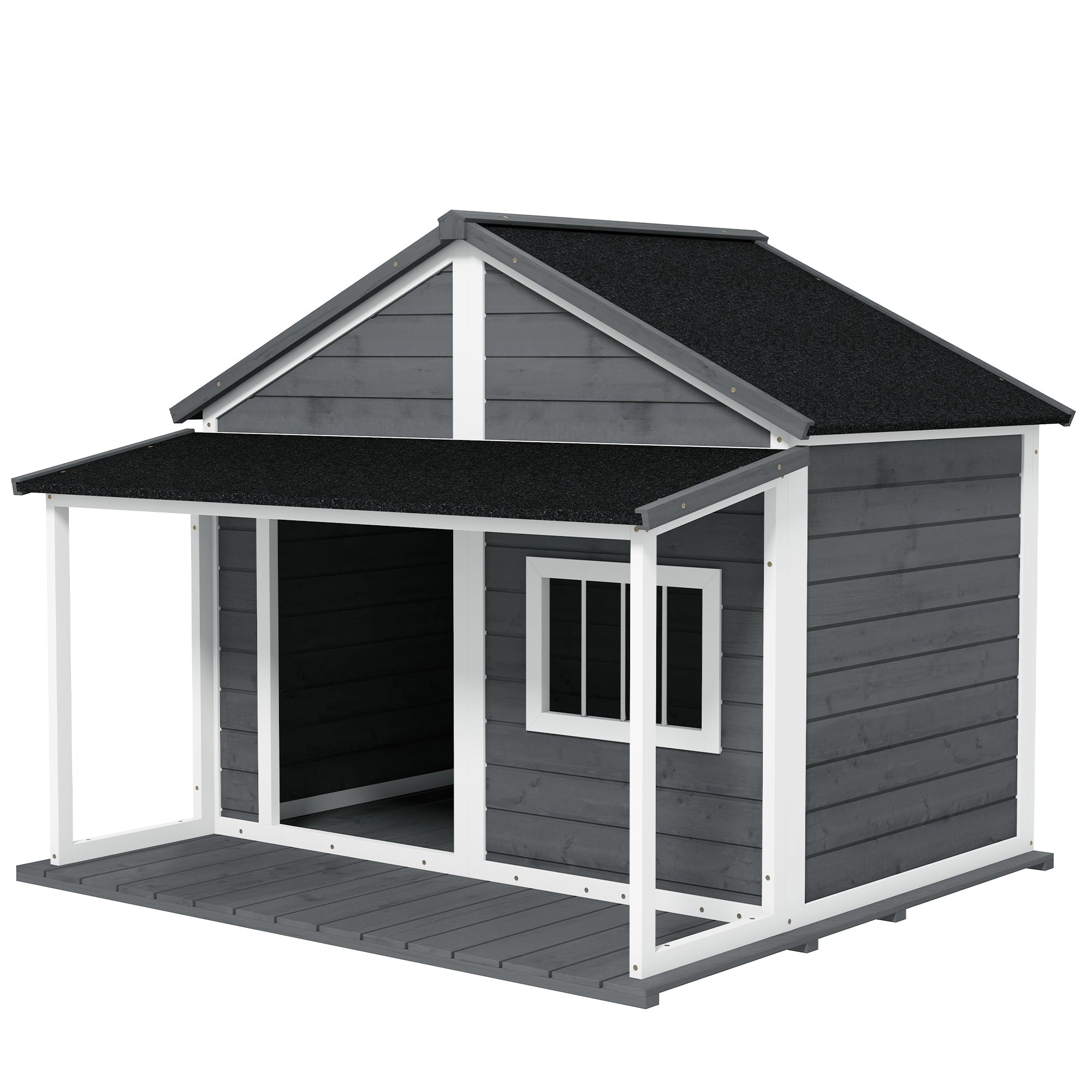 PawHut Outdoor Dog House Cabin Style, Wooden Raised Pet Kennel with Asphalt Roof, Front Door, Side Window, Porch for Medium and Large Dogs, Gray