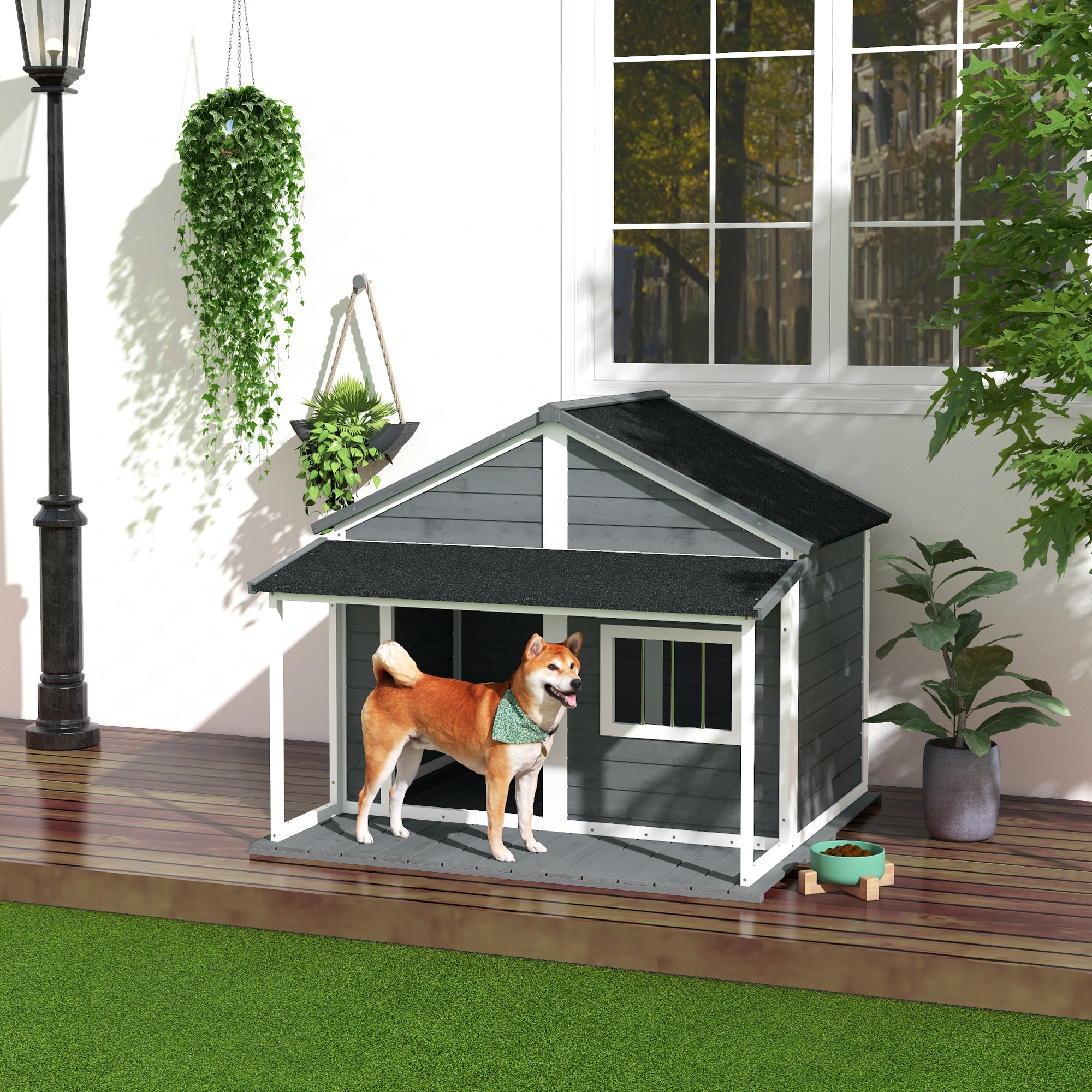 PawHut Outdoor Dog House Cabin Style, Wooden Raised Pet Kennel with Asphalt Roof, Front Door, Side Window, Porch for Medium and Large Dogs, Gray