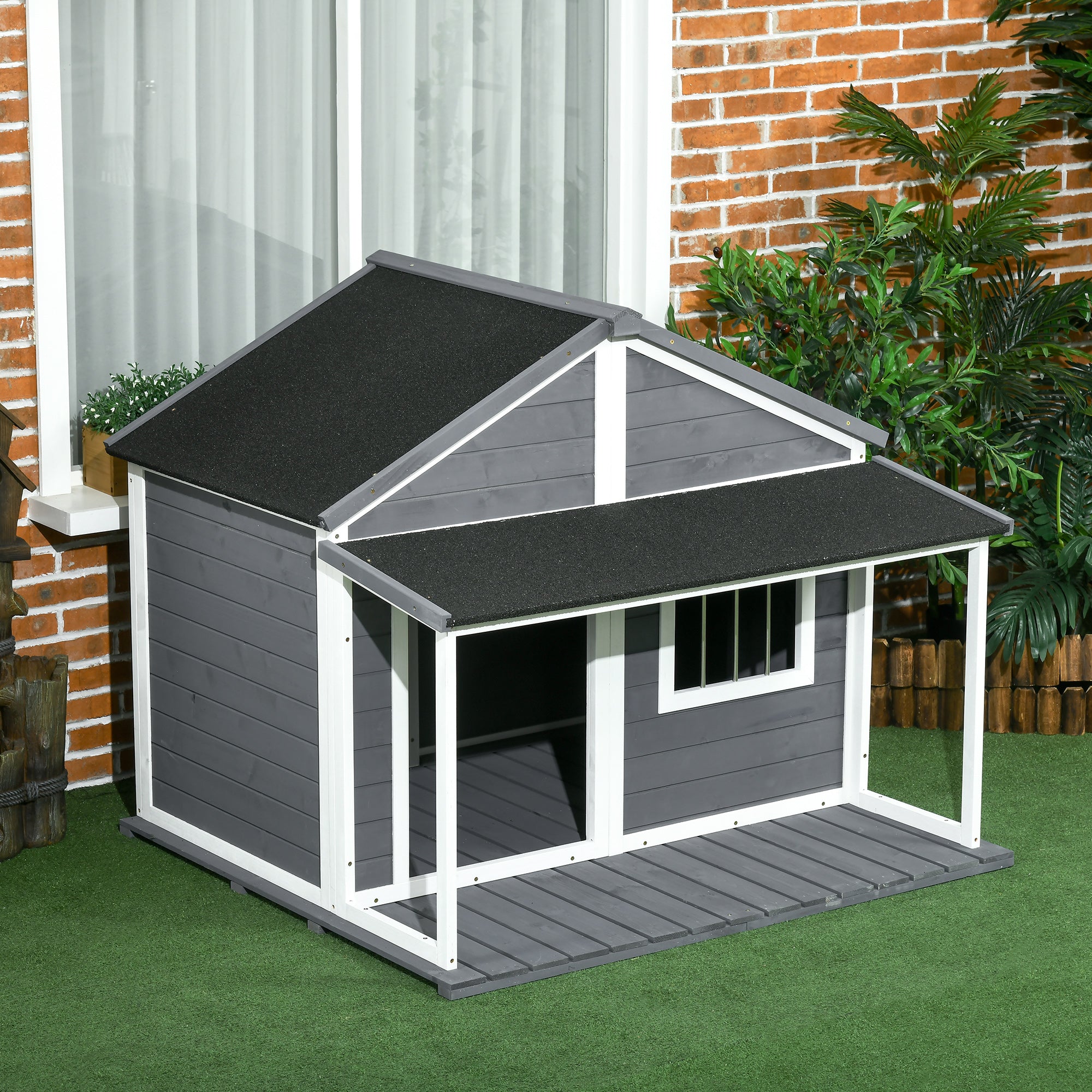 PawHut Outdoor Dog House Cabin Style, Wooden Raised Pet Kennel with Asphalt Roof, Front Door, Side Window, Porch for Medium and Large Dogs, Gray