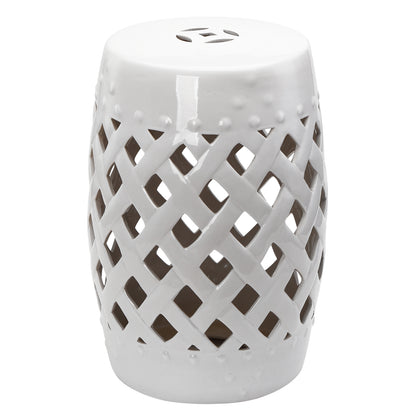 Outsunny 18" Ceramic Garden Stool with Woven Lattice Design & Glazed Strong Materials, Decorative Patio Side Table, Indoor & Outdoor Accent Stool, White