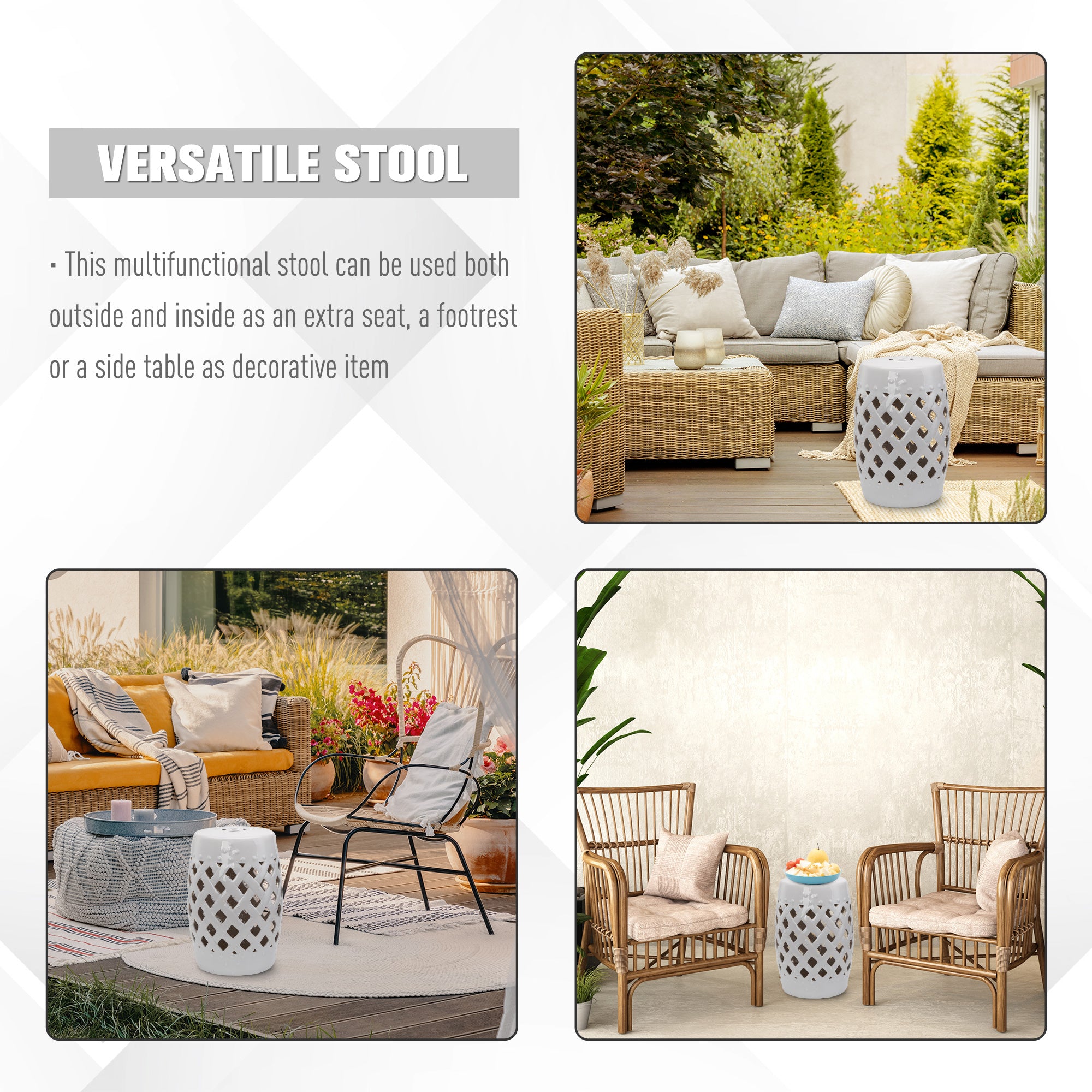 Outsunny 18" Ceramic Garden Stool with Woven Lattice Design & Glazed Strong Materials, Decorative Patio Side Table, Indoor & Outdoor Accent Stool, White