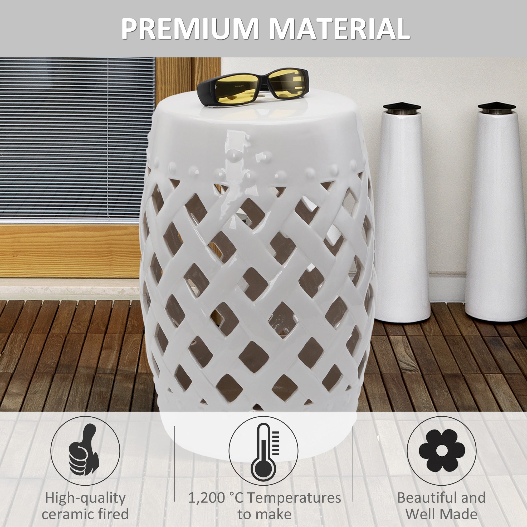 Outsunny 18" Ceramic Garden Stool with Woven Lattice Design & Glazed Strong Materials, Decorative Patio Side Table, Indoor & Outdoor Accent Stool, White