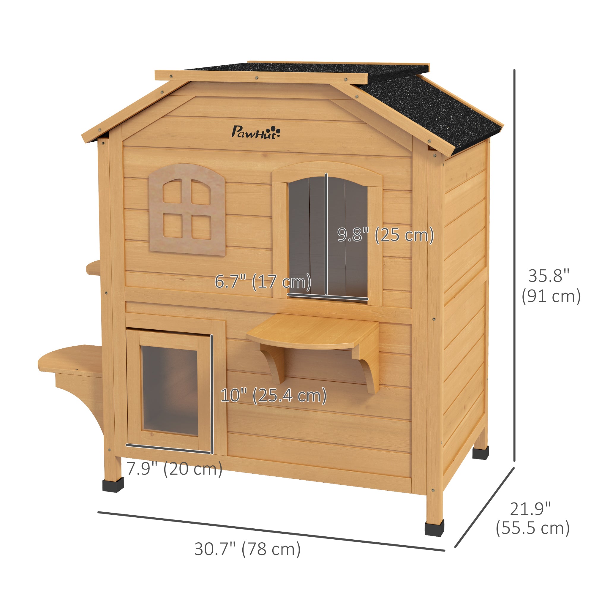 PawHut Outdoor Cat House 2-Storey Wooden Catio for Feral Cats with Openable Roof, Lounge Space, Fun Entrances, Yellow