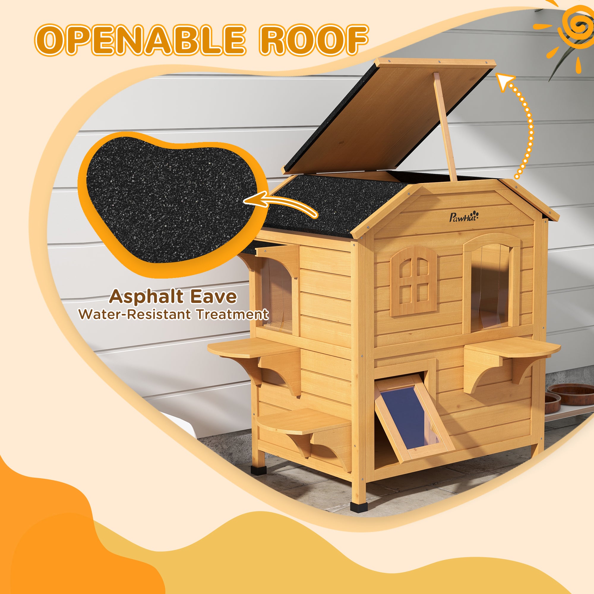 PawHut Outdoor Cat House 2-Storey Wooden Catio for Feral Cats with Openable Roof, Lounge Space, Fun Entrances, Yellow