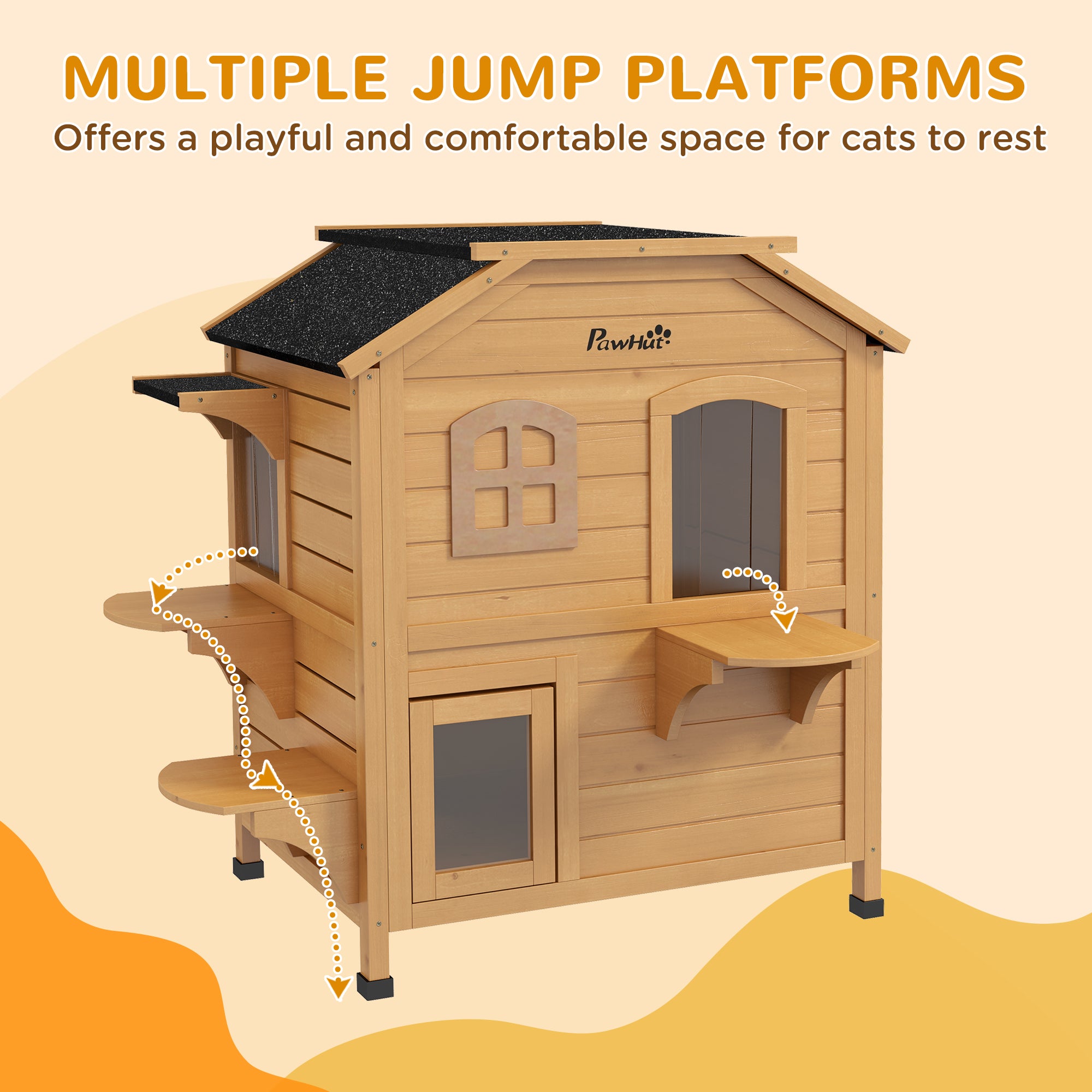 PawHut Outdoor Cat House 2-Storey Wooden Catio for Feral Cats with Openable Roof, Lounge Space, Fun Entrances, Yellow
