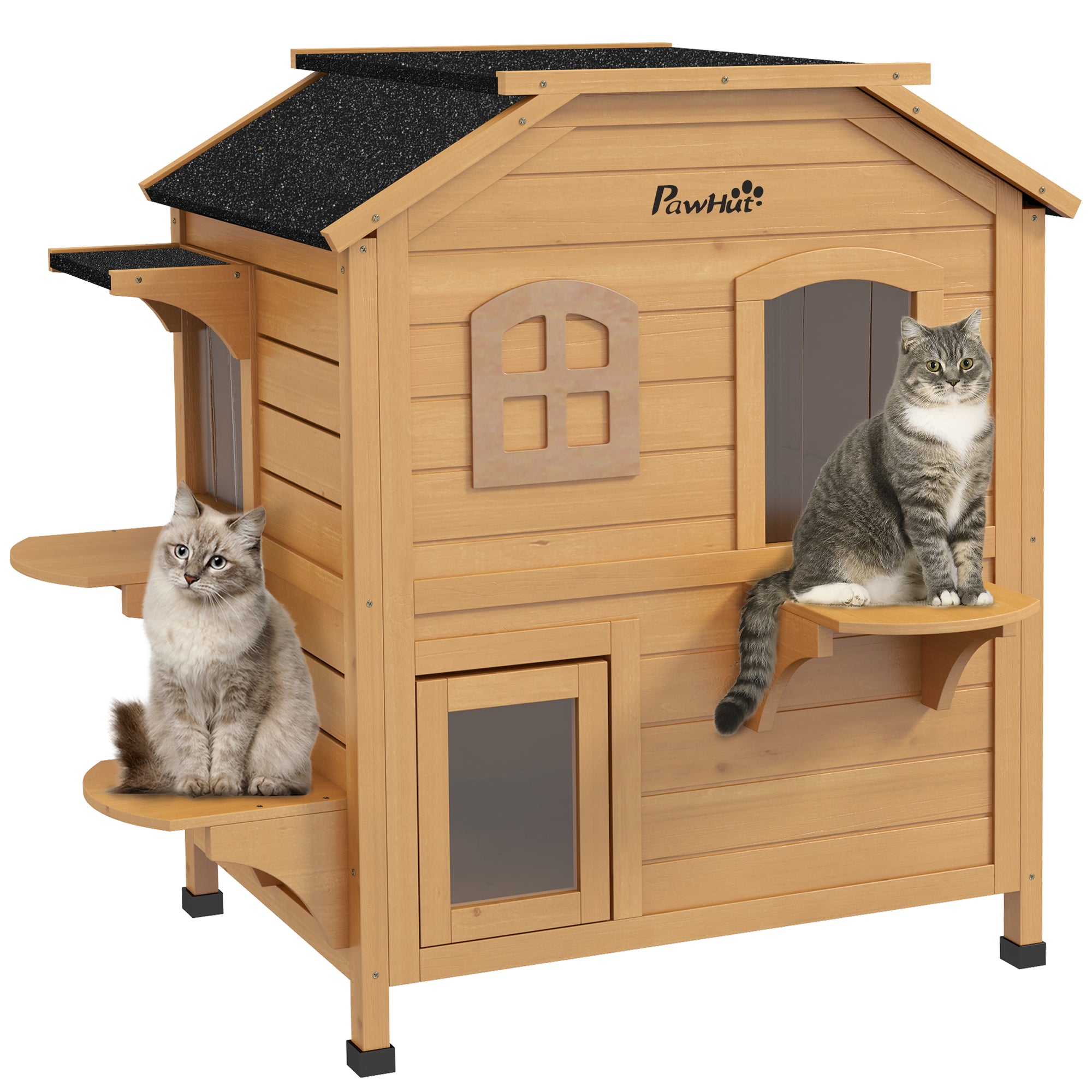 PawHut Outdoor Cat House 2-Storey Wooden Catio for Feral Cats with Openable Roof, Lounge Space, Fun Entrances, Yellow