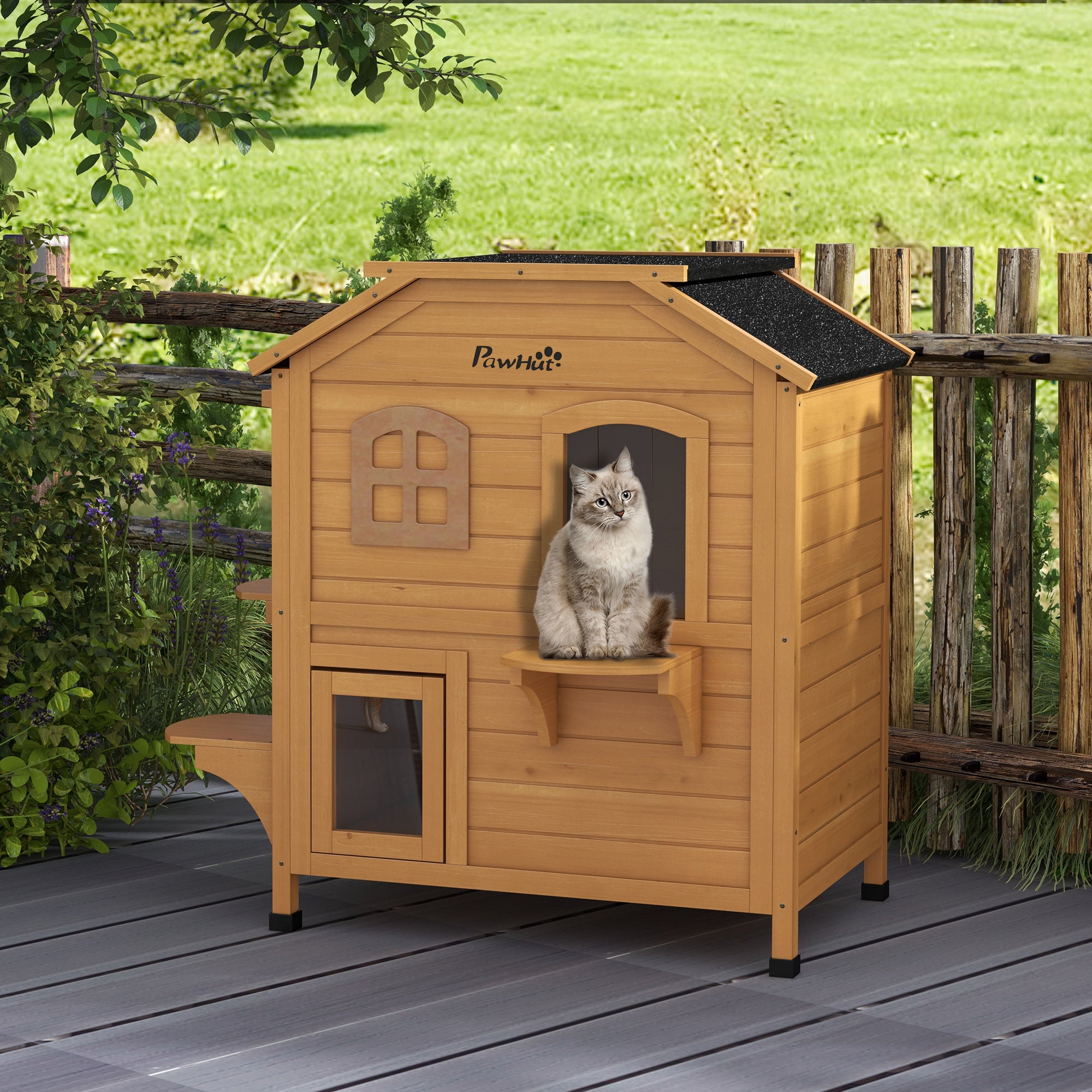 PawHut Outdoor Cat House 2-Storey Wooden Catio for Feral Cats with Openable Roof, Lounge Space, Fun Entrances, Yellow