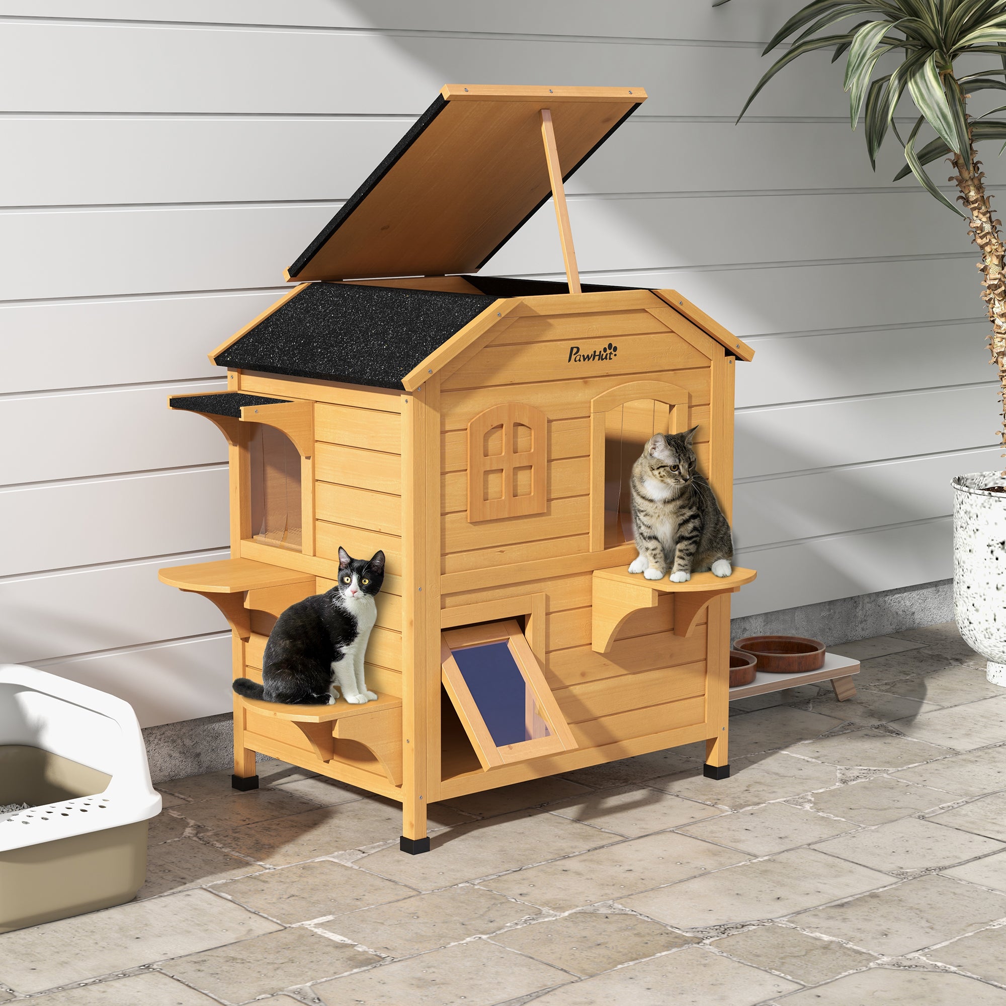 PawHut Outdoor Cat House 2-Storey Wooden Catio for Feral Cats with Openable Roof, Lounge Space, Fun Entrances, Yellow