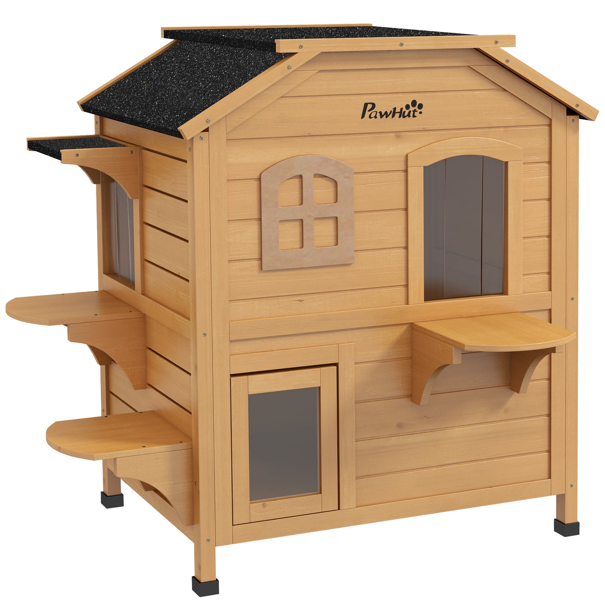 PawHut Outdoor Cat House 2-Storey Wooden Catio for Feral Cats with Openable Roof, Lounge Space, Fun Entrances, Yellow