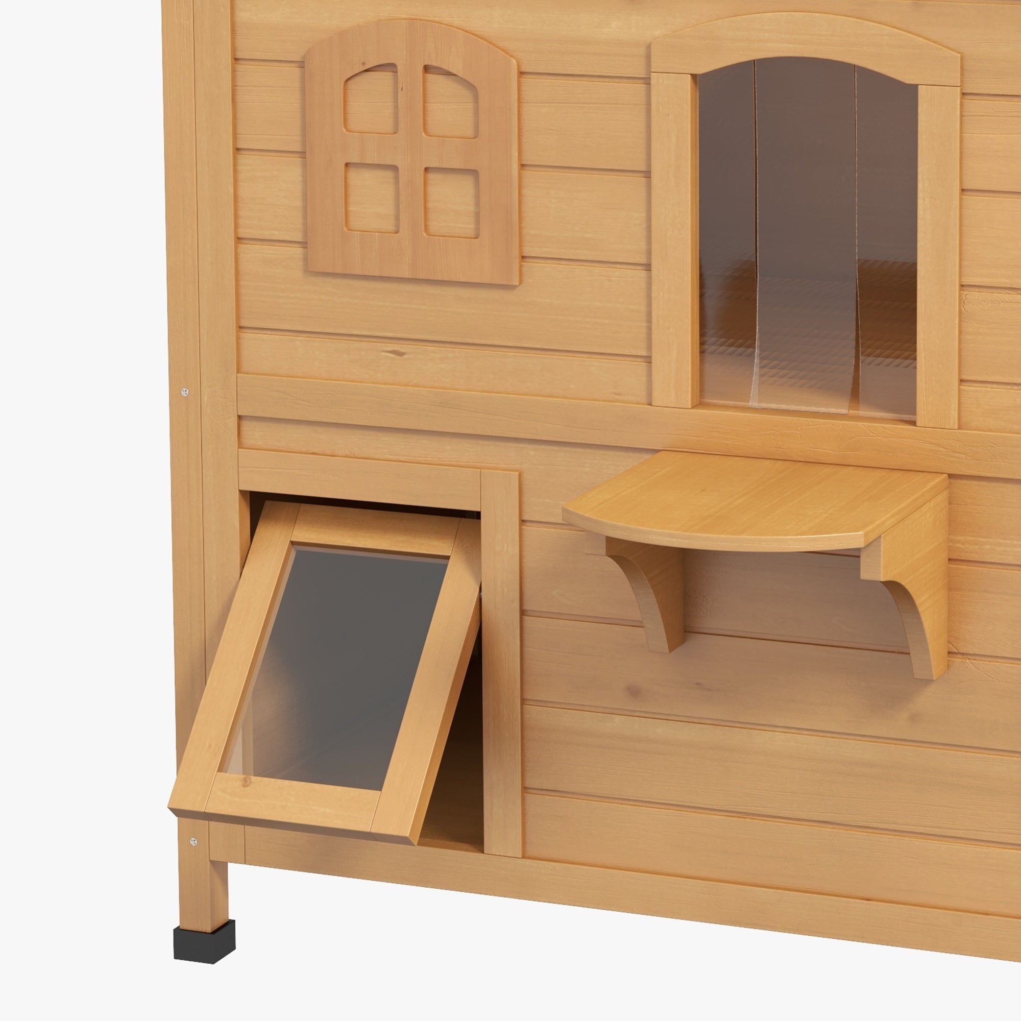 PawHut Outdoor Cat House 2-Storey Wooden Catio for Feral Cats with Openable Roof, Lounge Space, Fun Entrances, Yellow