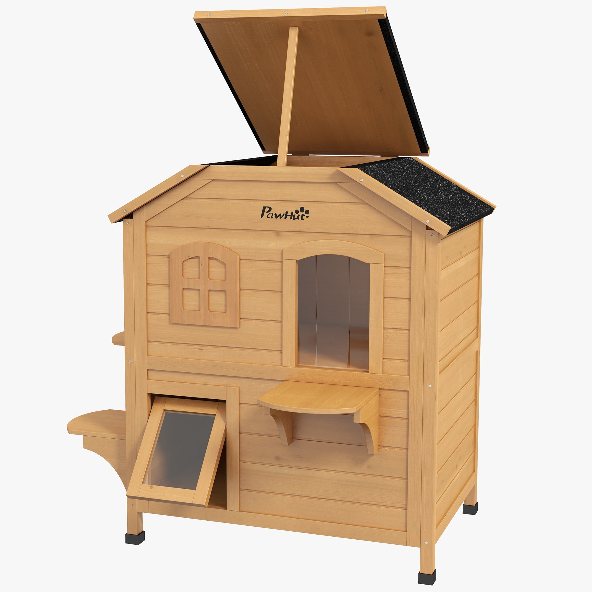 PawHut Outdoor Cat House 2-Storey Wooden Catio for Feral Cats with Openable Roof, Lounge Space, Fun Entrances, Yellow